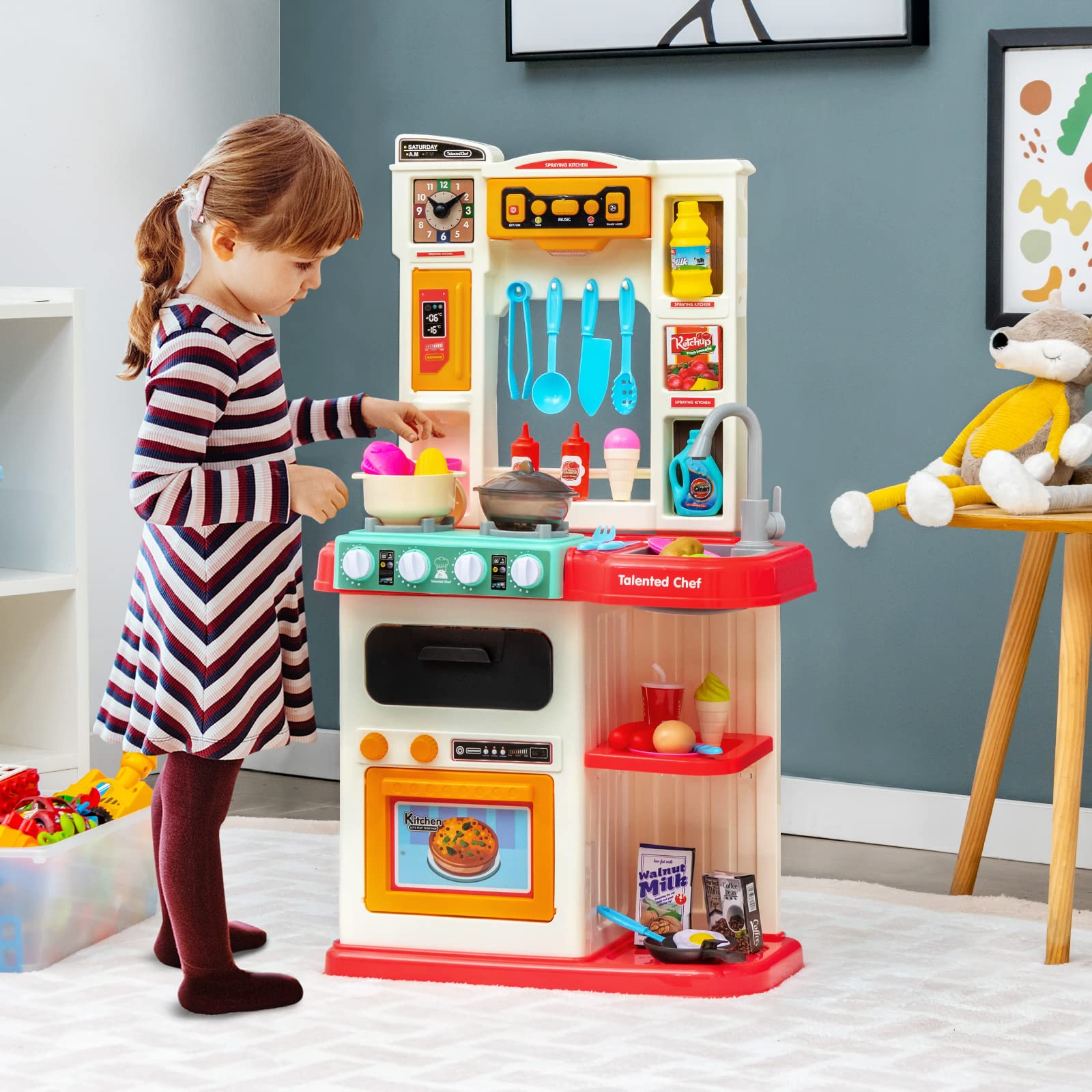 COSTWAY 65 TLG. Kinderküche mit Lichter, Musik und Sound, Spielküche inkl. Zubehör, Kinderspielküche mit Wasserpumpe, Spielzeugküche für Kleinkinder ab 3 Jahren (Rosa)