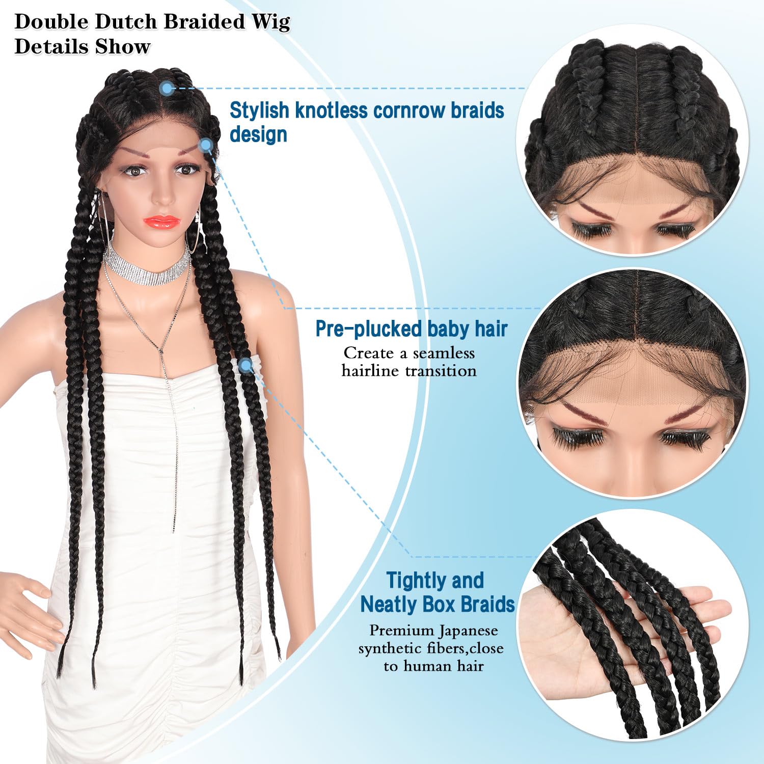 Braided Wigs for Black Women Double Dutch Braided Wig Box Braid Wig Braided Lace Front Wigs with Baby Hair Premium Synthetic Braided Lace Wig Dutch Box braids 32" Black