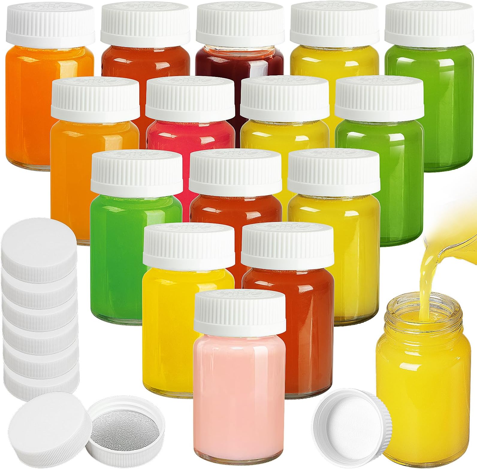 Syntic 16 Pack Wide Mouth Juice Shot Bottles with 16 Sealed Press Screw Caps & 8 Airtight Lids! 2.5 Oz Small Glass Ginger Shots Bottles for Oil, Ginger, Travel Bottle, Reusable and Dishwasher Safe