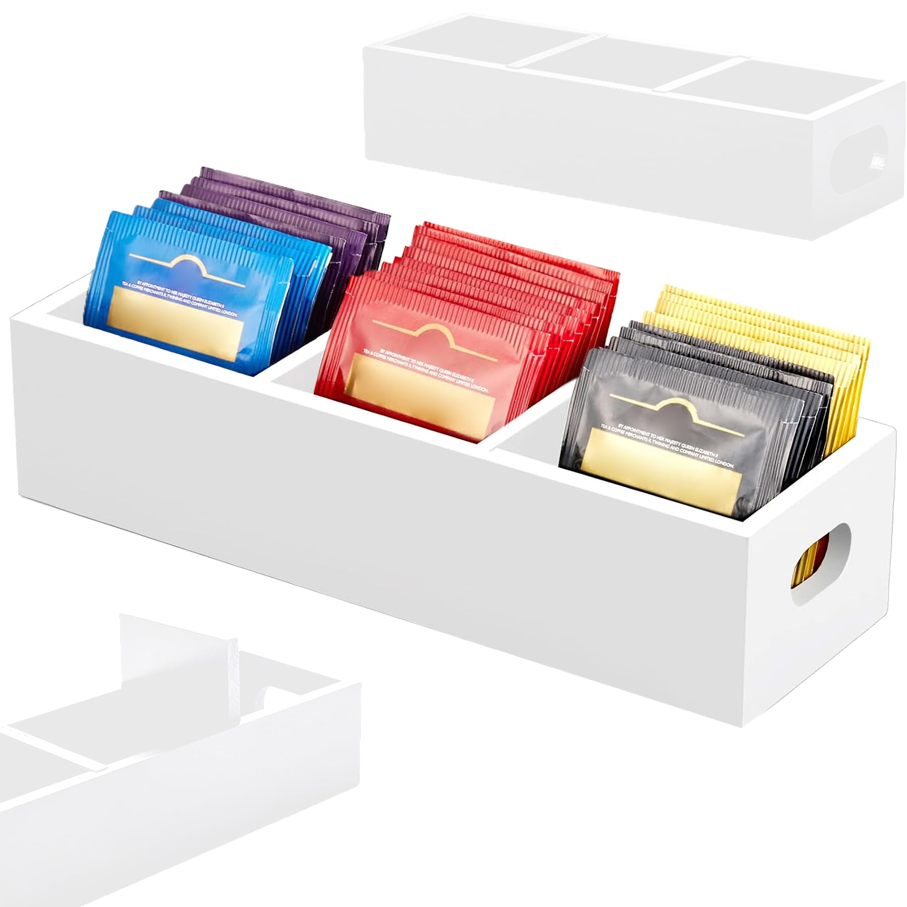 Tea Bag Organizer,Wooden tea bag container,3 Compartments Wood Tea Bag Holder,Sugar Packet Holder, Tea Bag Caddy Box for Countertop(White)