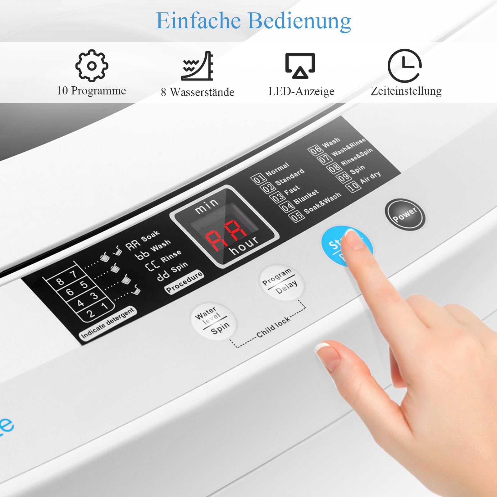 RELAX4LIFE 4,5 kg Vollautomatische Waschmaschine Toplader Miniwaschmaschine mit LED-Display 10 Programmauswahl 310W 50 x 50 x 85 cm Grau