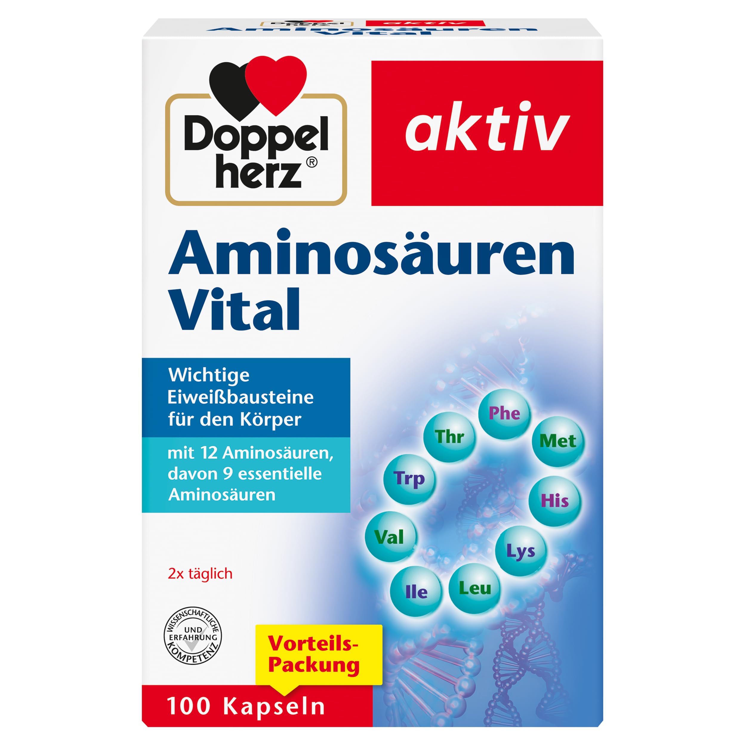 Doppelherz Aminosäuren Vital - 12 Eiweiß-Bausteine, darunter alle 9 essentiellen Aminosäuren, für Sportler und körperlich Aktive - 100 Kapseln