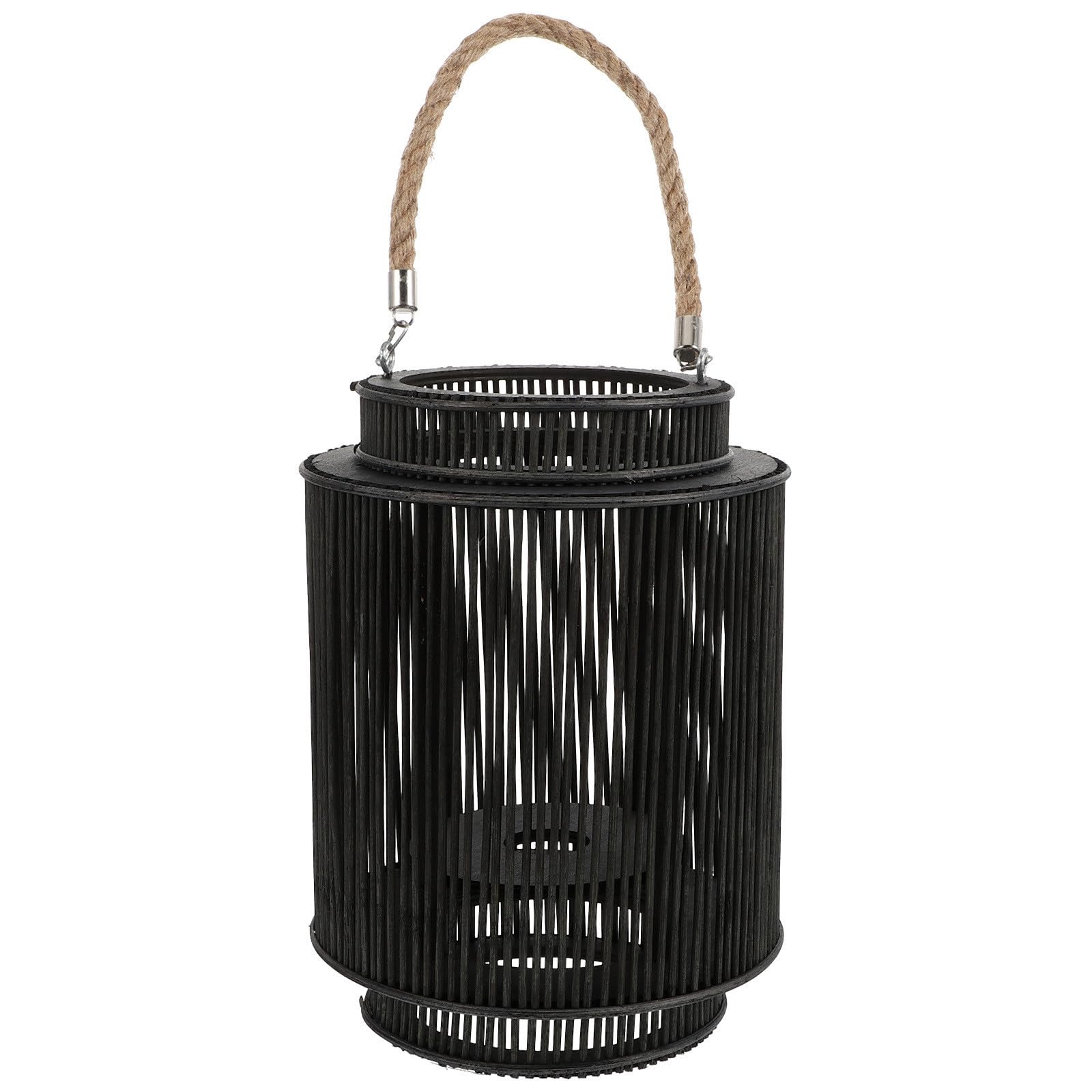Farol Decorativo Negro de Ratán y Madera para Mesa o Estante