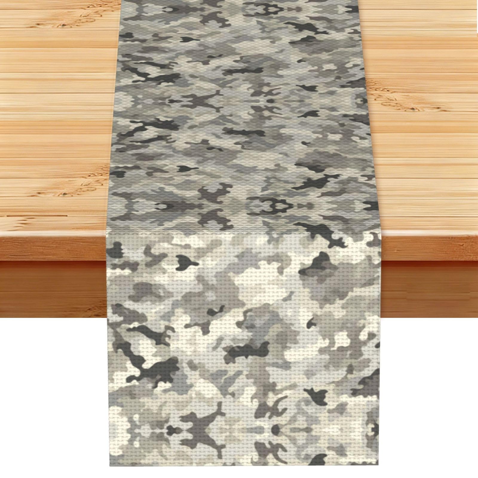 Muted Grey Tone Camo Printed Table Runner 13 x 72, Wrinkle Resistant Decor for Dining Table Coffee Table Fireplace