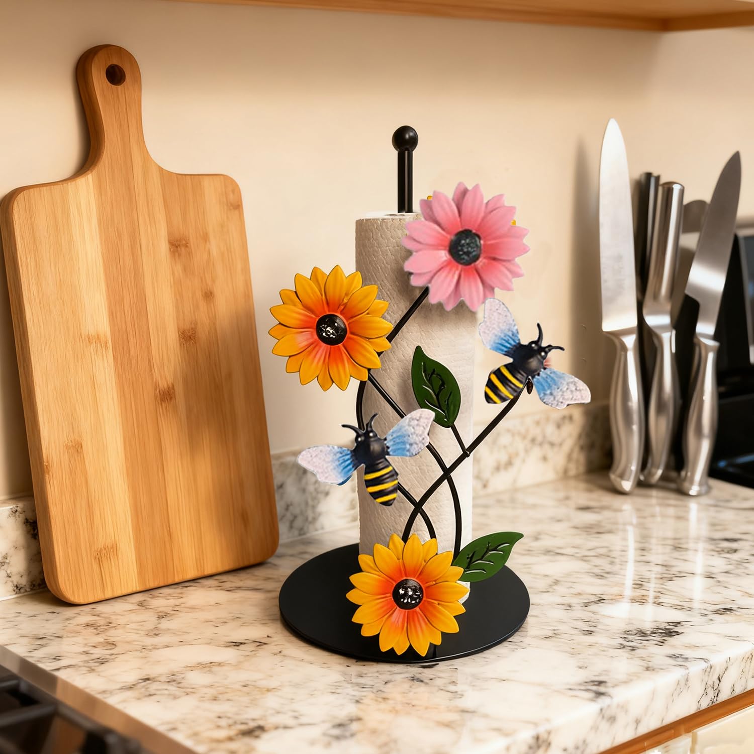 Dispenser Per Rotoli Da Cucina, Portarotolo Da Cucina In Piedi, Supporto Per Rotolo In Piedi, Portarotolo Da Autoportante Nero - Piccole Api Girasole In Ferro, Decorazione Creativa per Casa
