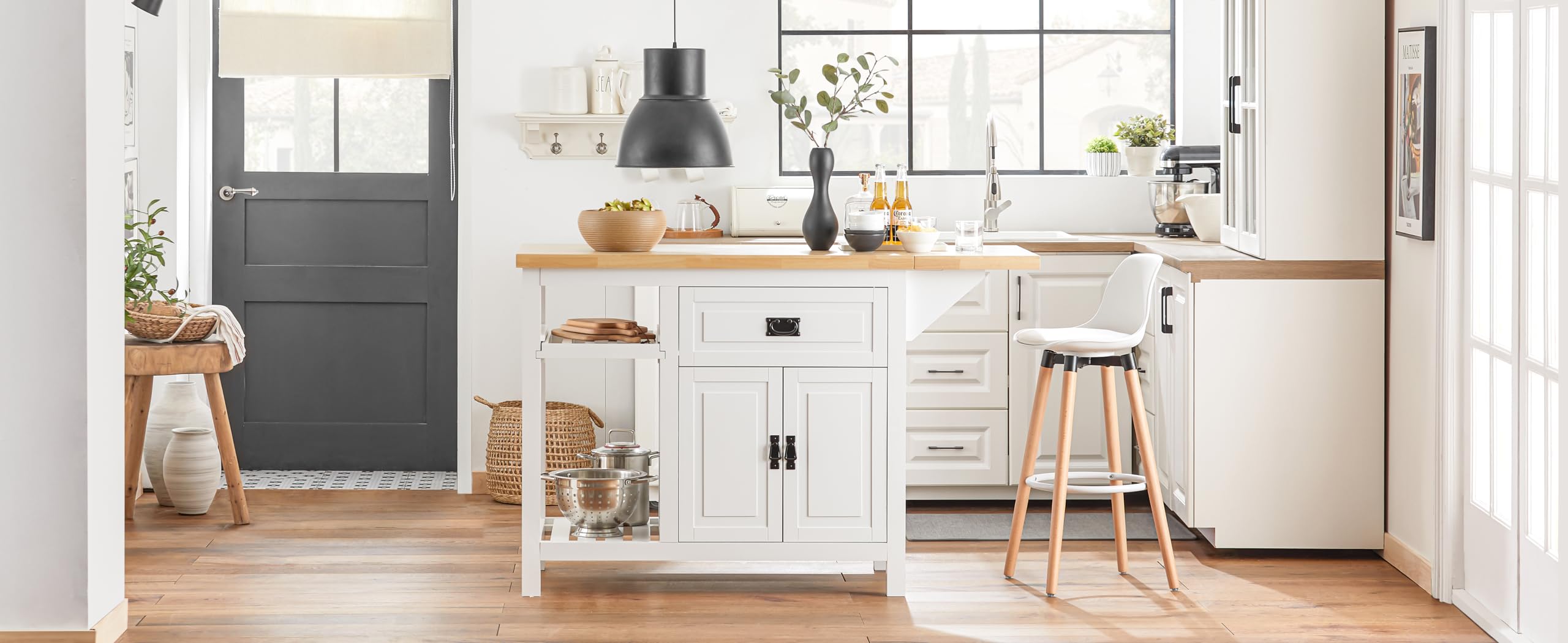 SoBuy KNL06-WN Kücheninsel mit erweiterbarer Arbeitsfläche freistehend Küchenschrank Highborad Kommode Sideboard Bartisch Esstisch Buffet Weiß-Natur BHT ca. 110-145x95x60cm