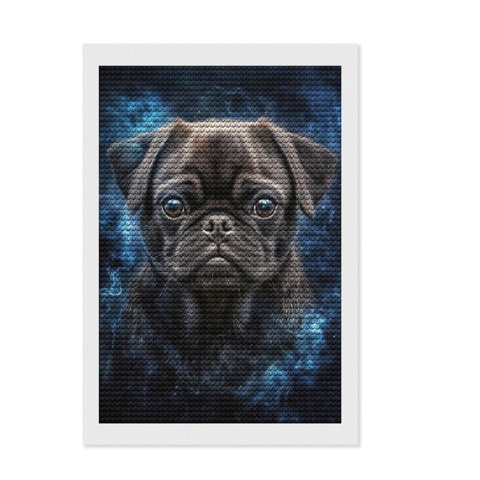 Junmoney Pug Dog Portrait Diamond Art Kit 8"x12", for Creative Relaxation, Vintage Style Decor, Good for Quiet Evenings, Christmas Gift