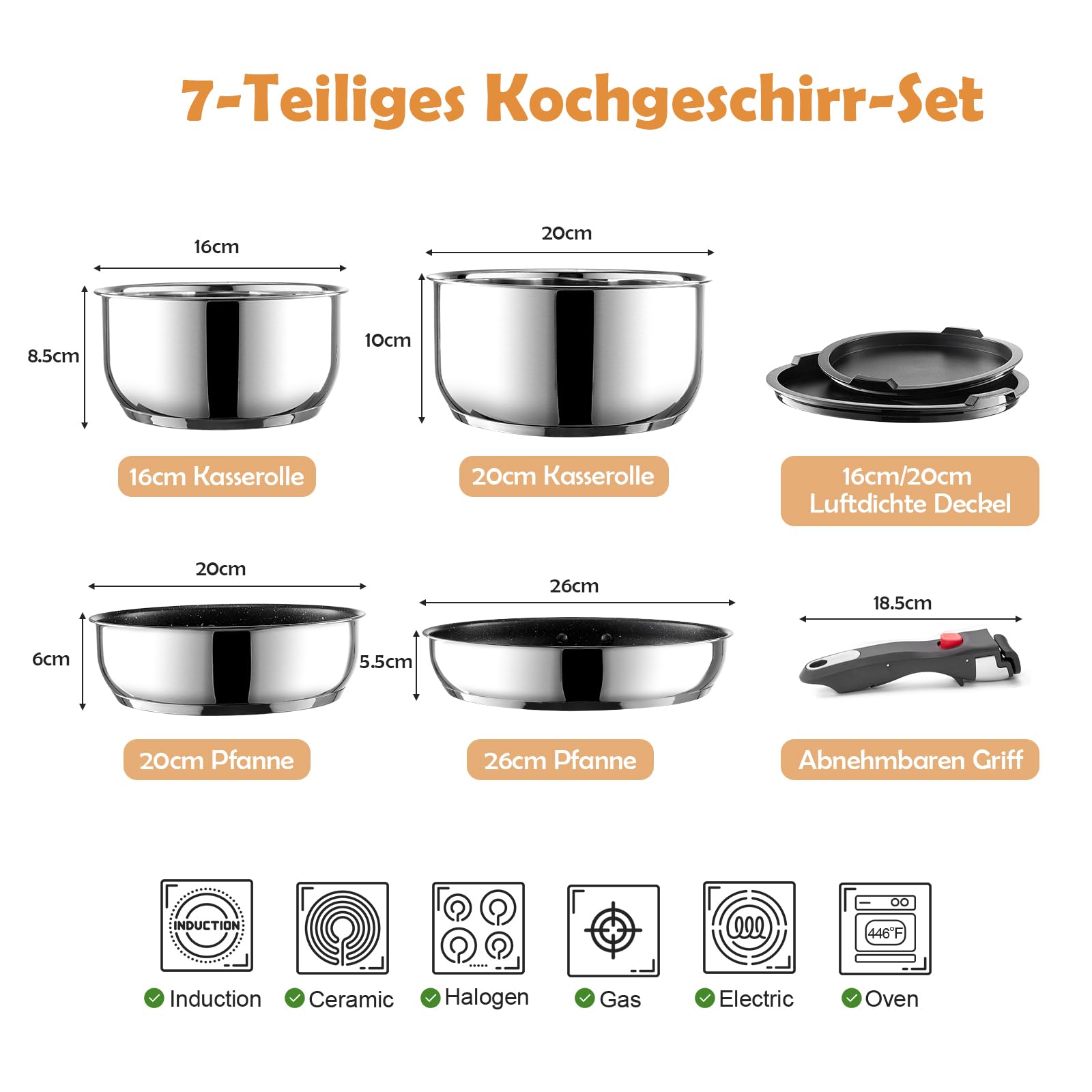 ROSSETTO Topfset Pfannenset Induktion 7-teilige Edelstahl Kochtopf Set mit Abnehmbarer Griff Stapelbar, PFAS-Frei Antihaftbeschichtet Pfanne 20/26cm, Kasserolle 16/20cm, für alle Herdarten, Ofenfest