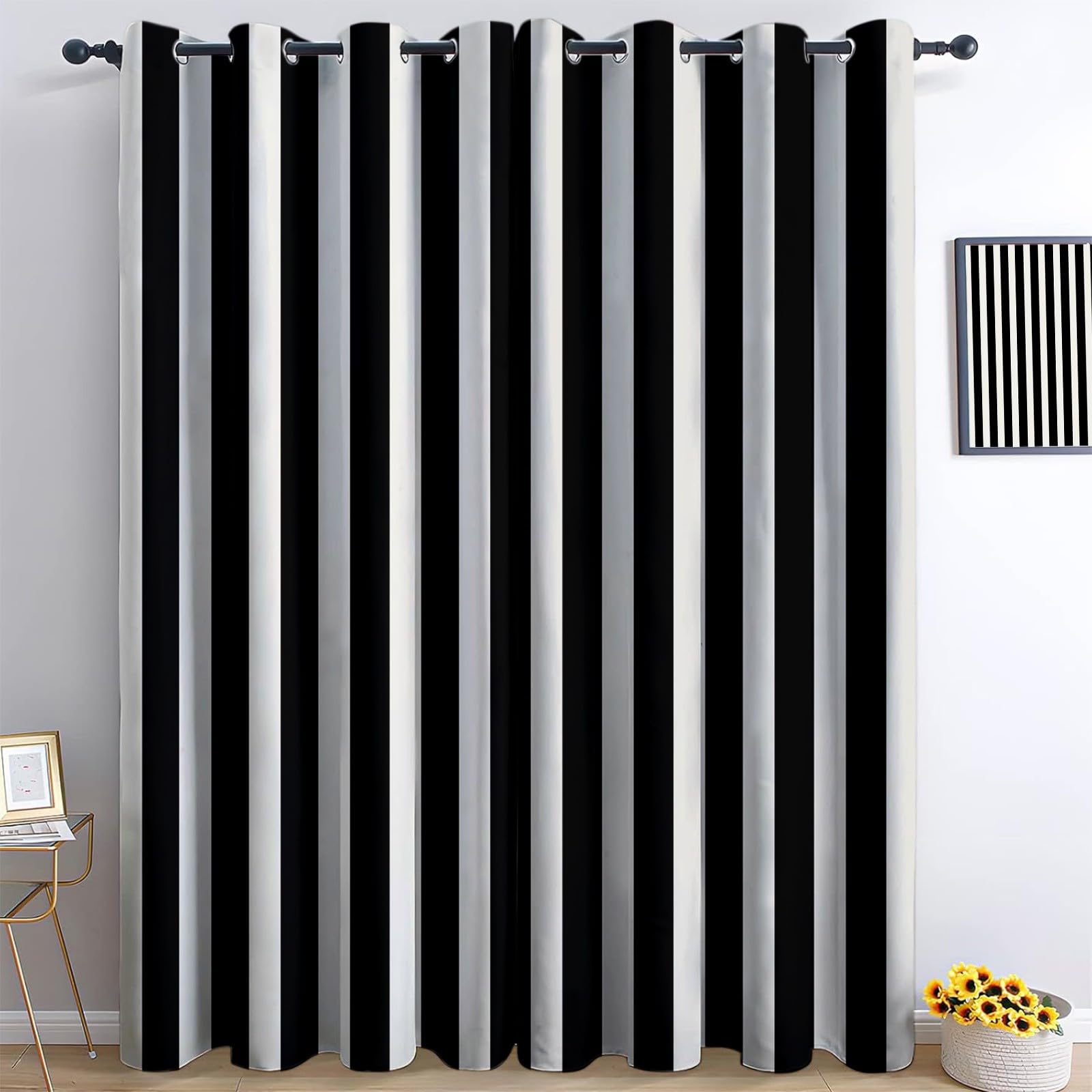 Blackout Curtain Geometric Vertical Stripes 46” W x 72” L (2 Panels), Black And White Thermal Insulated Children Adults Window Drapes Energy Saving Eyelet Curtains for Living Room Bedroom Dining