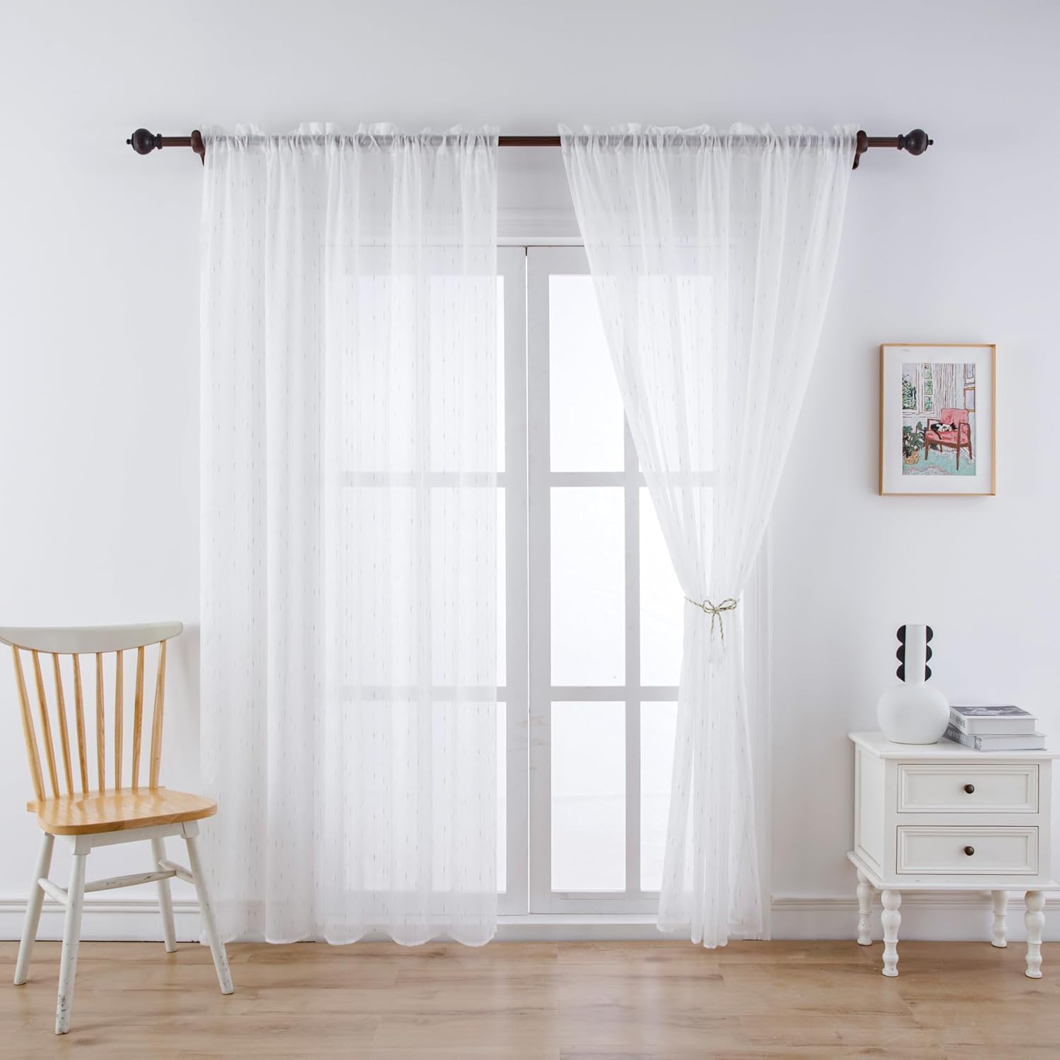 Modern Minimalist Imitation Linen Jacquard Texture Sheer Curtains Voile Gauze Home Decor for Living Room Bedroom(2 Panels, W 54 x L 84 inch, White)