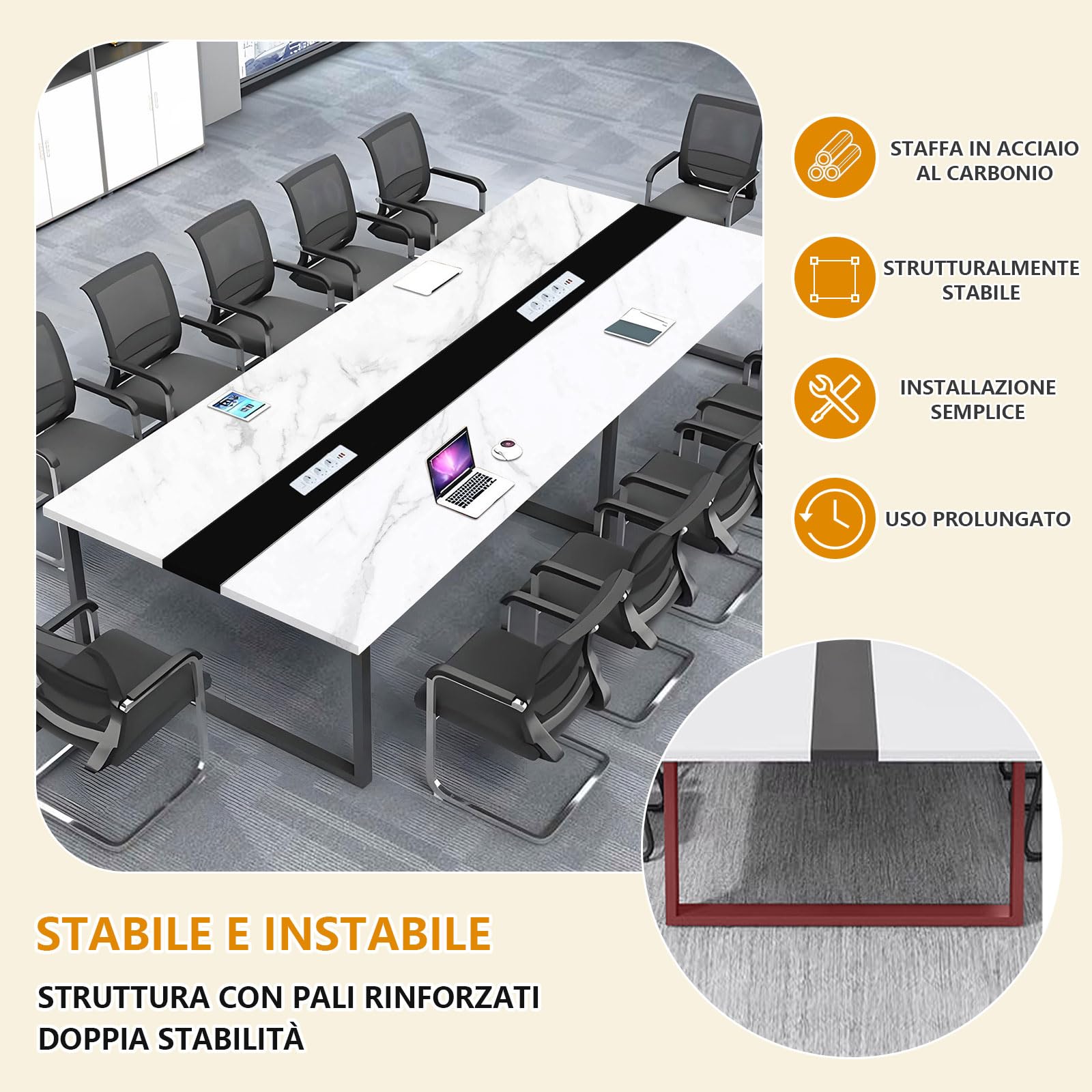 Tavolo da Riunioni per Ufficio Moderno con Passacavi Integrato, Grande Tavolo Conferenza per Sala Meeting, Struttura Stabile per Più Persone