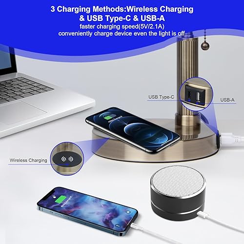 Miniatura 3 de FIRVRE Lámpara de escritorio Bankers con 2 USB y puerto de carga inalámbrica, interruptor de cadena azul lámpara de mesa de vidrio, base E26,