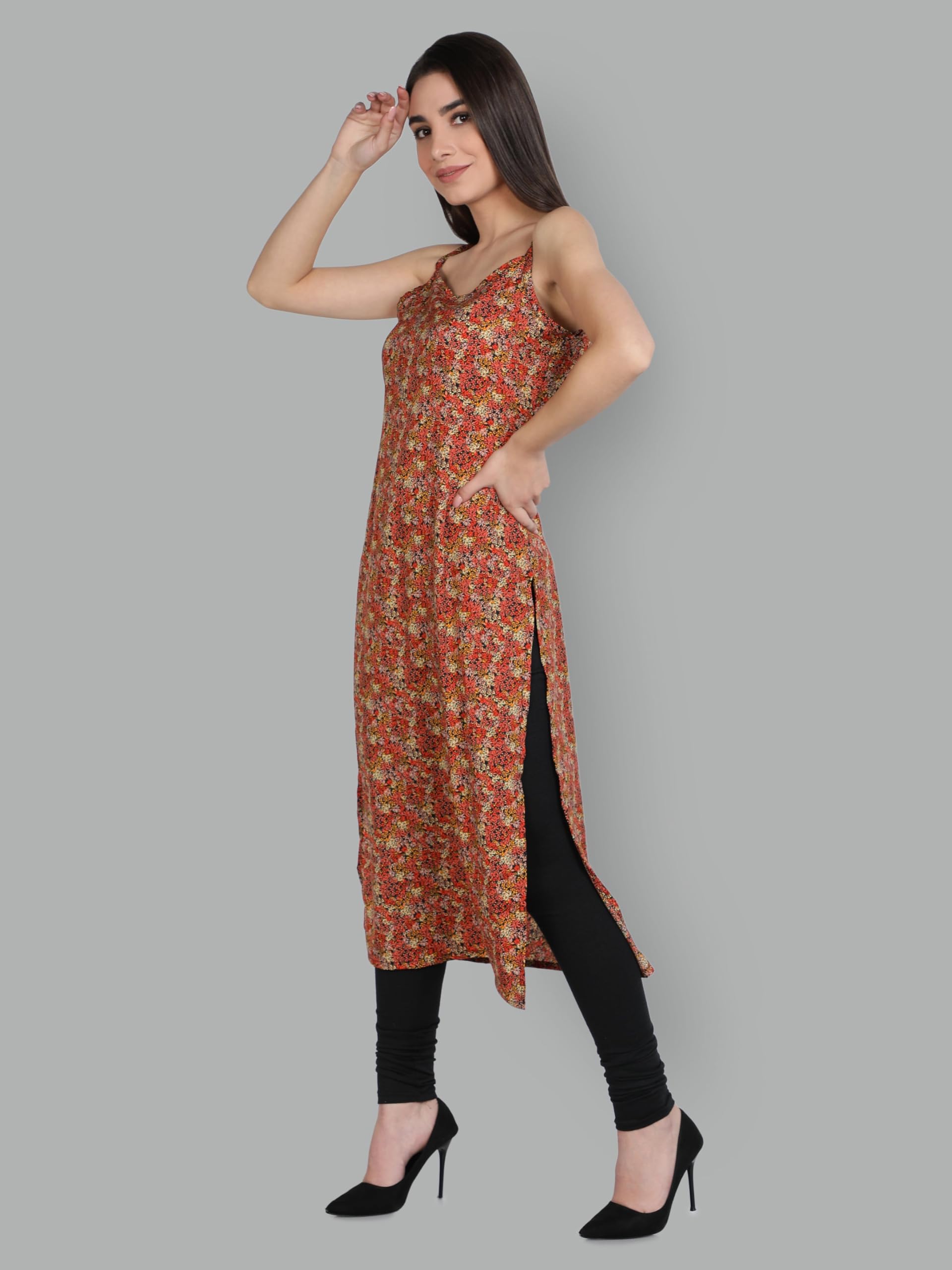 Patlani Women's Cotton Blened Sleeveless Printed Full Stitched Kurti.(K-199) Orange