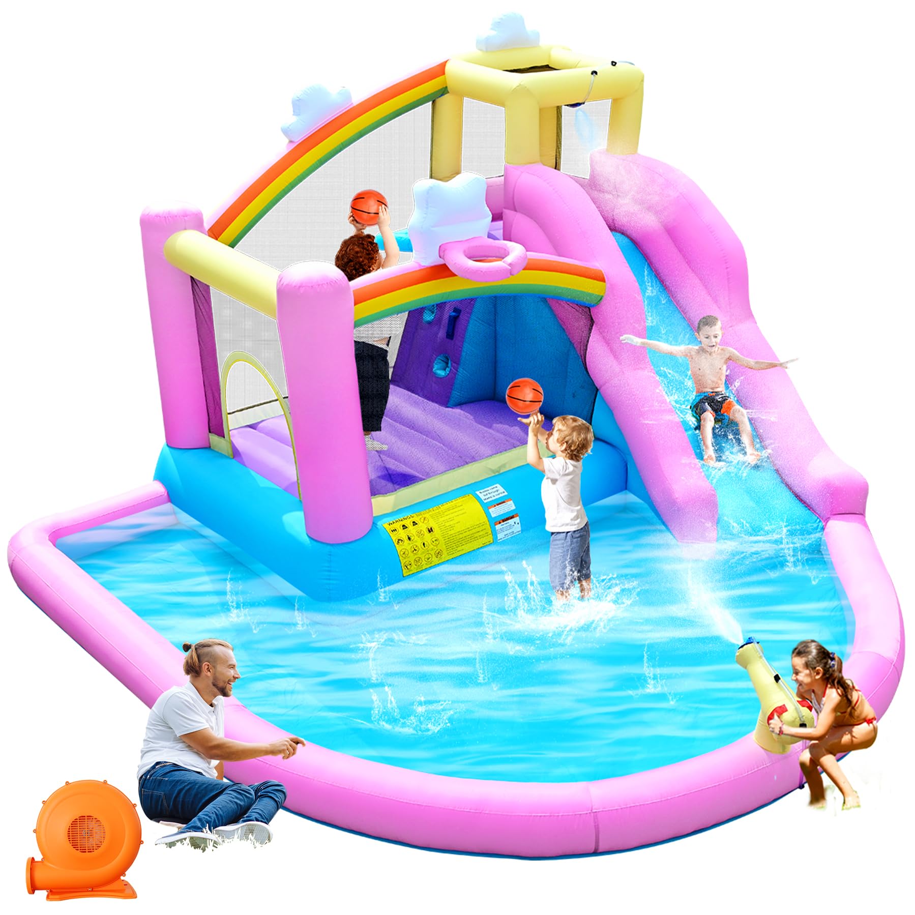 Castillo hinchable hinchable con tobogán de agua, pared de escalada, canasta de baloncesto y piscina infantil, incluye soplador, exterior para niños, ideal para jardín, 365 x 390 x 238 cm