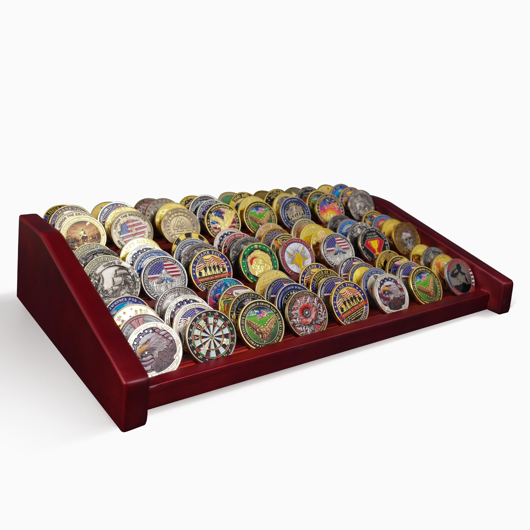 Challenge Münzhalter Vitrine – 3 Ebenen Massivholz Militär-Münzregal für 80–100 Münzen, Armee-Münzständer für Schreibtisch-Display, Mahagoni