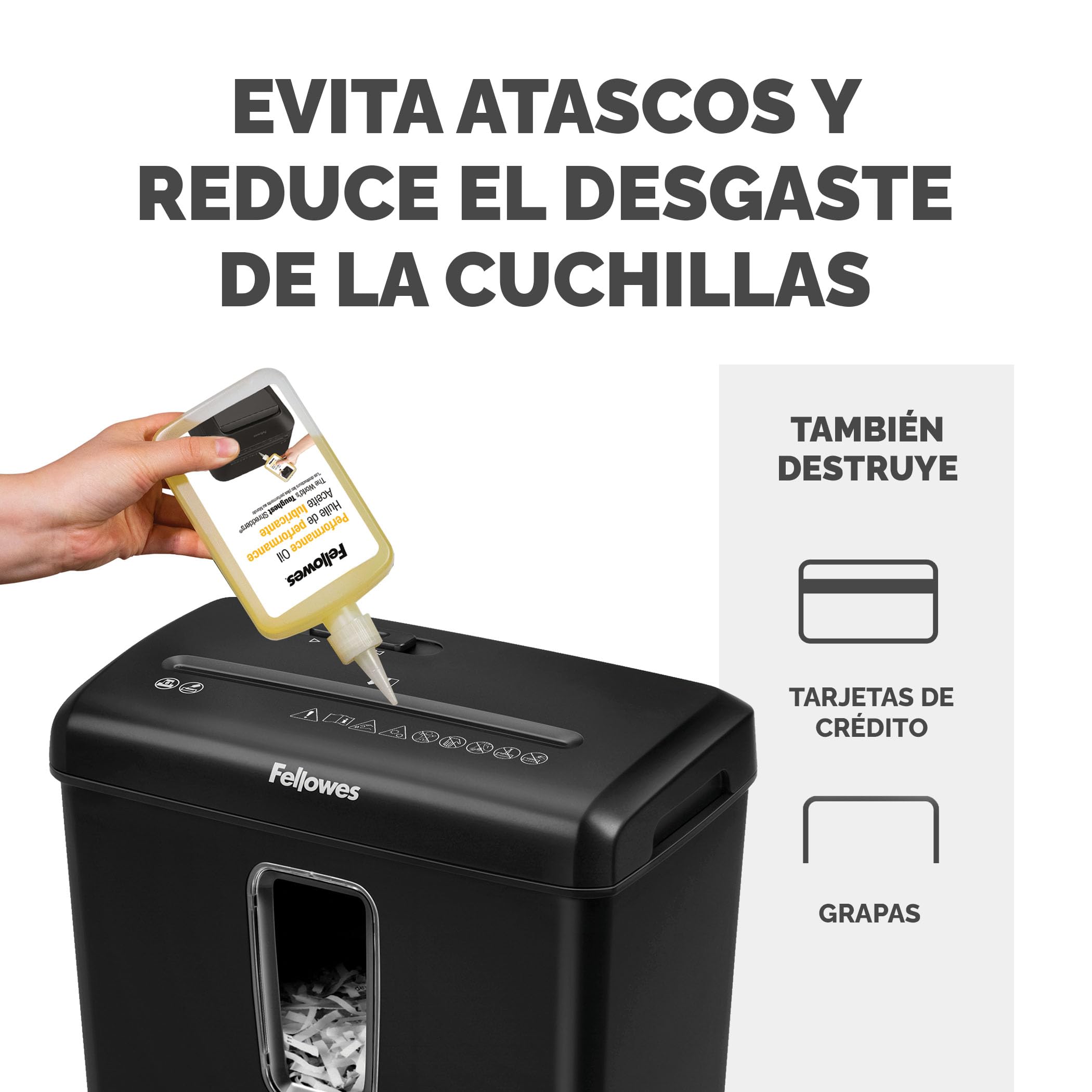Fellowes FS-6C - Trituradora de Papel, Corte en partículas, Destruye hasta 6 Hojas, Destructora de Papel Uso Personal, Exclusiva de Amazon + Aceite lubricante para destructoras de papel, 355 ml