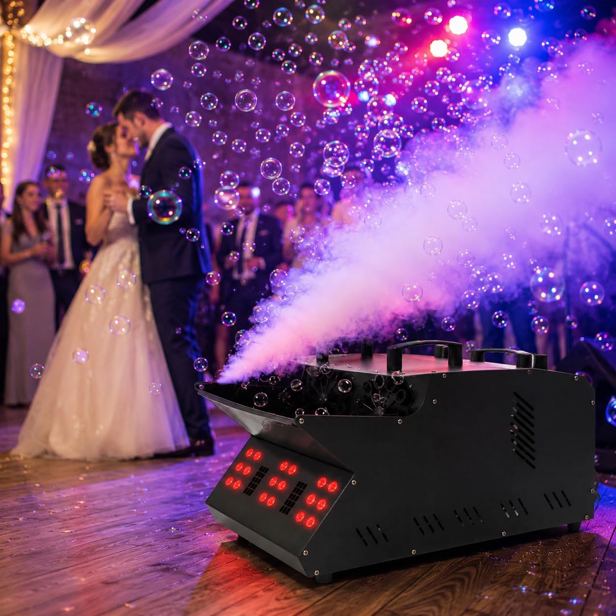Nebelrauchmaschine mit RGB-LED-Lichtern, Bubble Fans für Bühneneffekte, Partys, Hochzeiten, Halloween - Bühnennebel mit 18 LED-Lichtern und 2 Seifenblasenventilatoren