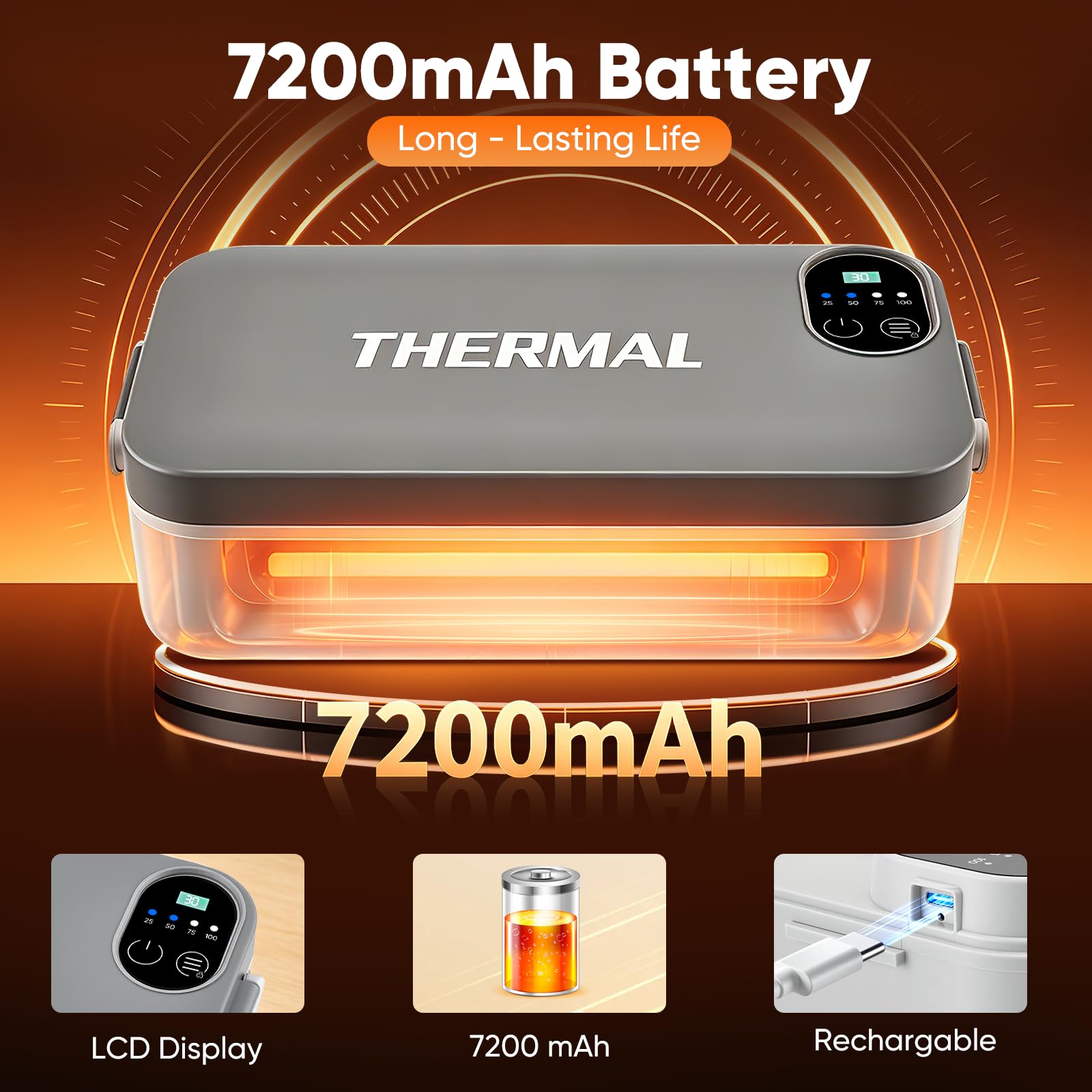 Fiambrera eléctrica con batería de 7200 mAh, fiambrera térmica de 900 ml para comida caliente, USB-C Heatbox acero inoxidable, sin BPA y antiadherente, caja bento reutilizable para trabajo