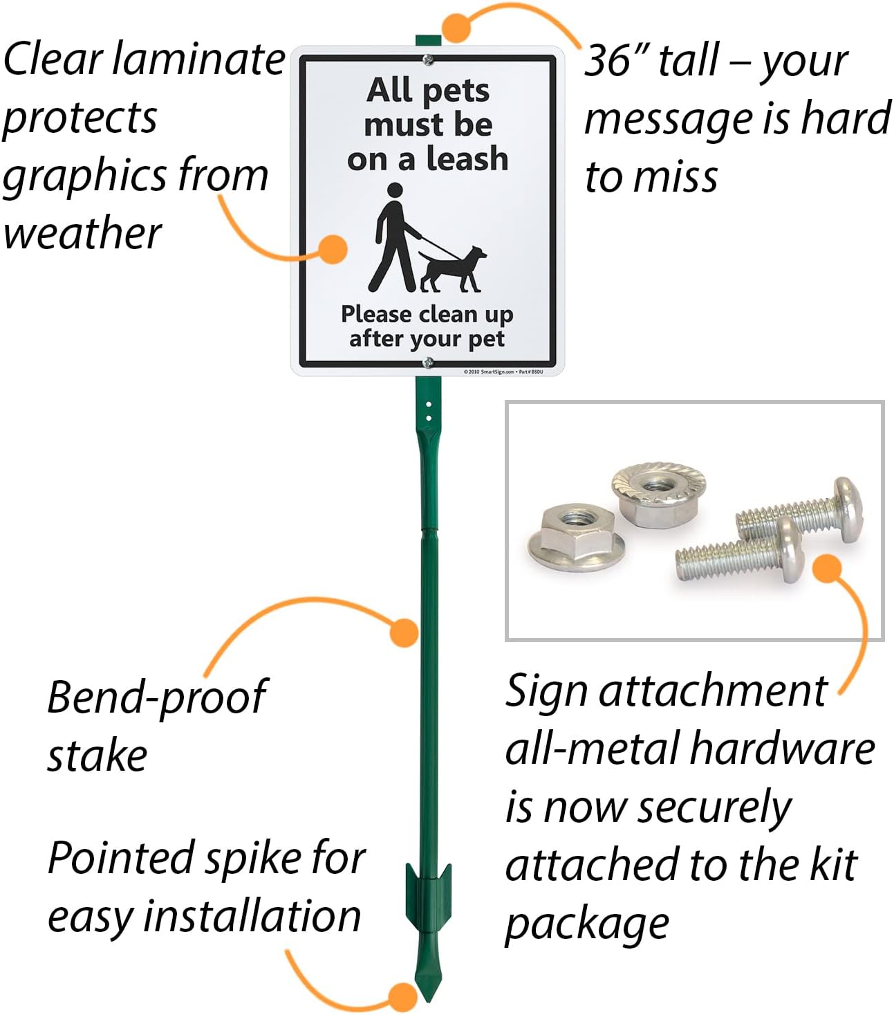 SmartSign 12 x 10 inch “All Pets Must Be On A Leash - Please Clean Up After Your Pet” Yard Sign with 3 foot Stake, 40 mil Laminated Rustproof Aluminum, Black and White, Set of 1