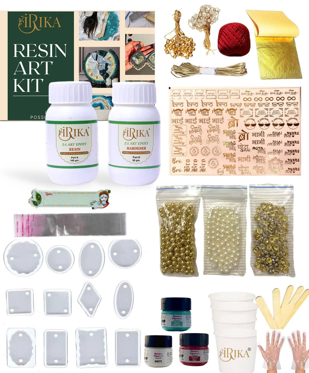 IRIKA Rakhi Making Kit (A) – 150g 2:1 Resin Set | 12-in-1 Rakhi Mold | Opaque Pigments | Gold Foil | Beads & Threads | Complete DIY Set for Handmade Rakhi & Resin Art