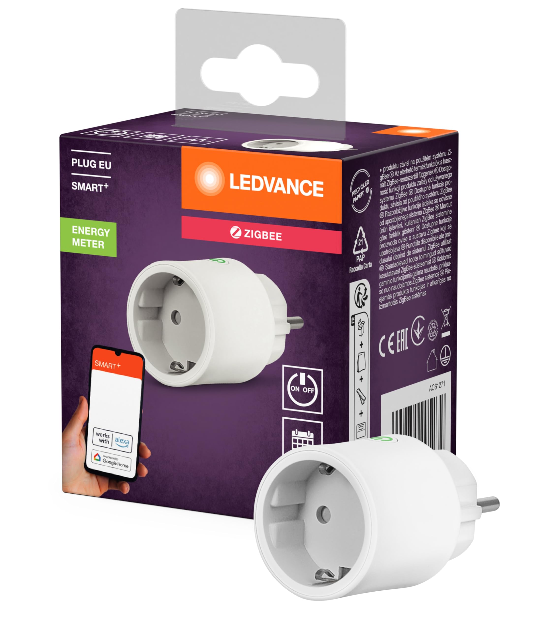 LEDVANCE LEDVANCE SMART+ Smarte Steckdose für Innen mit ZigBee Technologie, bindet konventionelle Geräte ins Smart Home ein, misst und spart Stromverbrauch, kompatibel mit Alexa oder Google, weiss, 1er-Pack