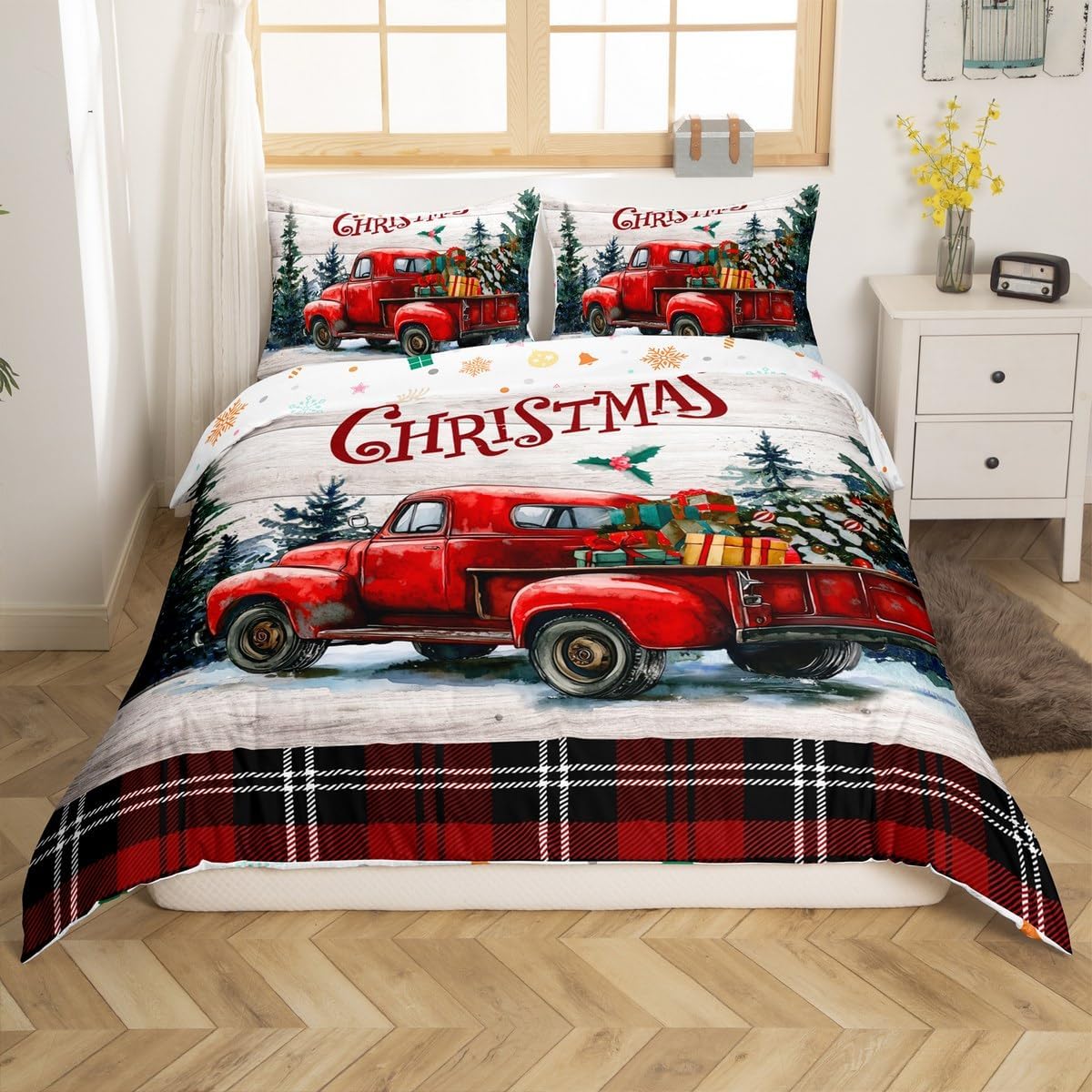 Merry Christmas Duvet Cover Set Twin Size,Vintage Xmas Truck Comforter Cover Red Black Checkered Bedding Set 2Pcs for Kids Girls Boys Bedroom Decor,Rustic Farmhouse Wood Quilt Cover,1 Pillowcase
