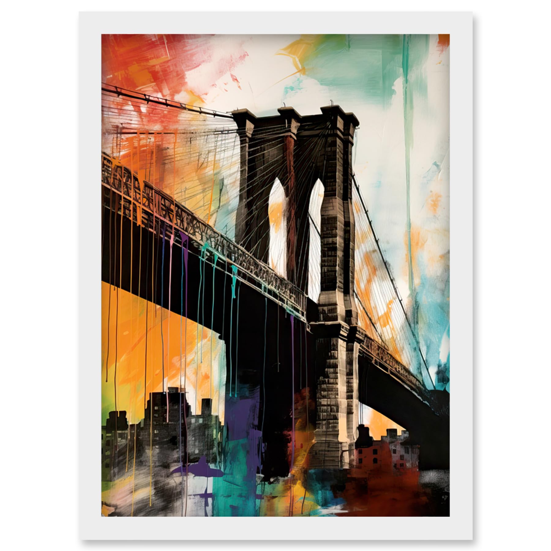 Artery8 Under the Brooklyn Bridge Multicoloured Cityscape Artwork Framed Wall Art Print A4