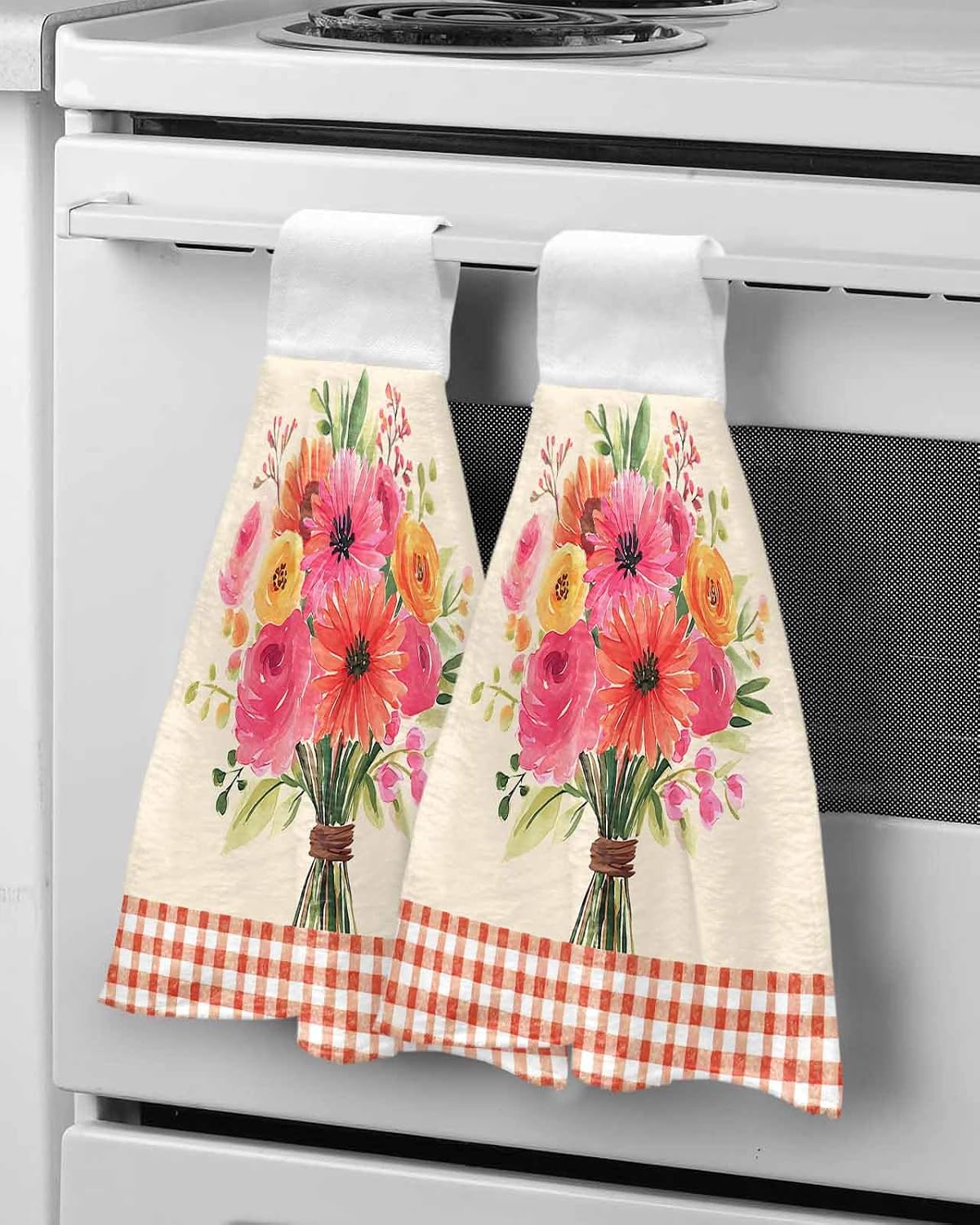 Spring Flowers Kitchen Hand Towels with Hanging Loops Set of 2 Vintage Pastoral Floral Leaves Farm Checkered Soft Thick Oven Fingertip Dry Microfiber Tie Dish Towel Absorbent Cleaning Washcloth