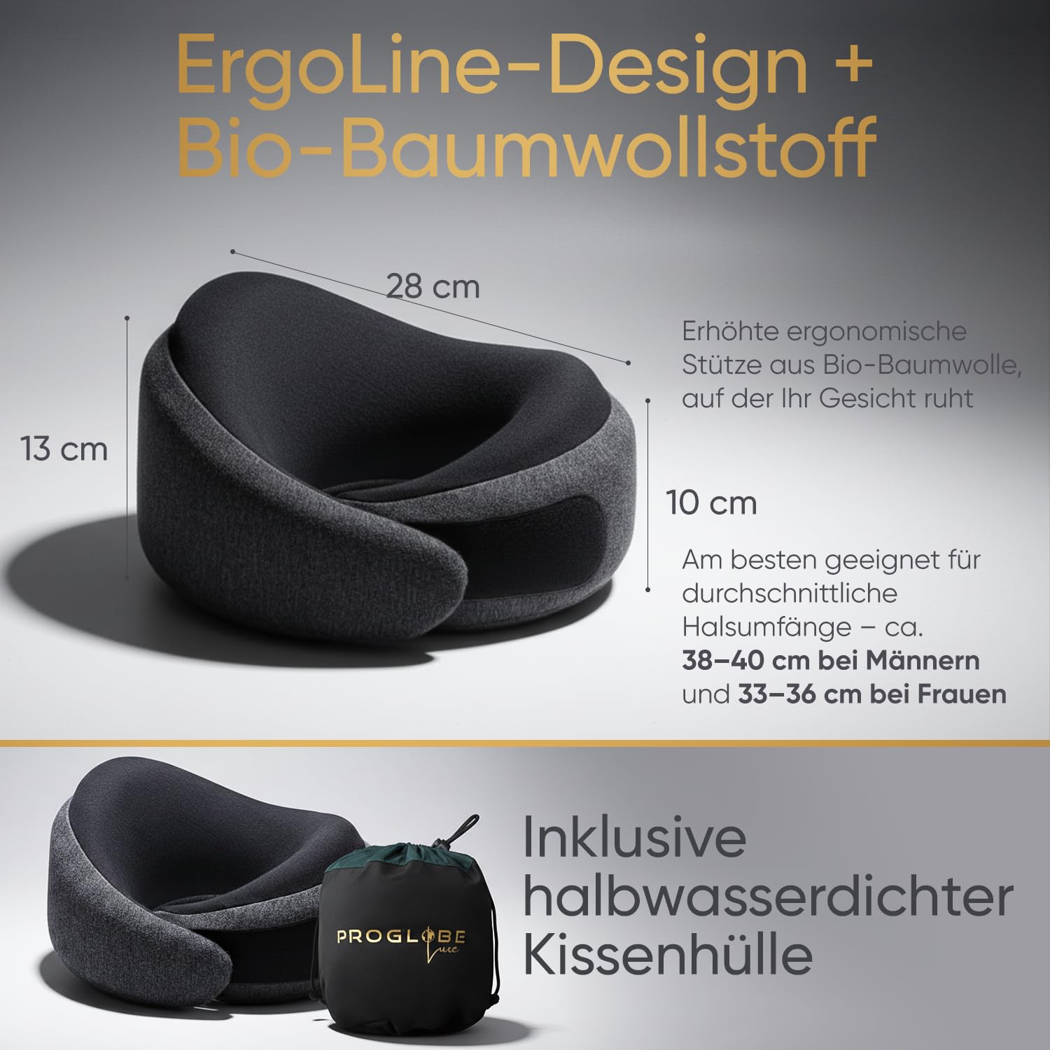 Proglobe Luxe Reisekissen aus Memory-Schaum, Aschschwarz, Weiche Kinnstütze | Kompaktes Nackenkissen mit Kompressionsbeutel, Bezug aus Bio-Baumwolle, leichter Reisekomfort für lange Flüge und Zug