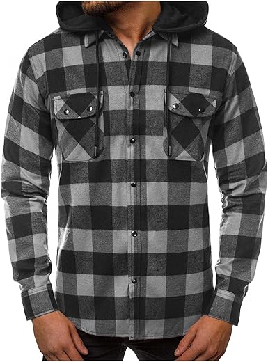 Amazon.com: Sudadera con capucha de cuadros para hombre con botones de  manga larga casual ajustado solapa gráfico camisetas tops : Deportes y  Actividades al Aire Libre