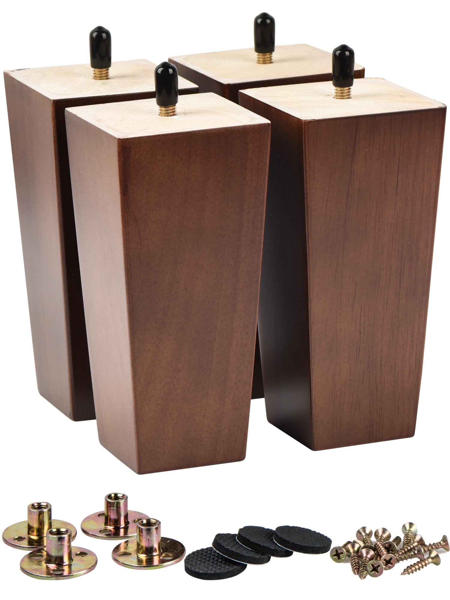 La Vane Walnut 4 Inch / 10Cm Solid Wood Furniture Legs Set Of 4, Square Pyramid Replacement Feet For Couch Sofa Armchair - Mid-Century Modern With Pre-Drilled M8 Bolt & Metal Mounting Plates