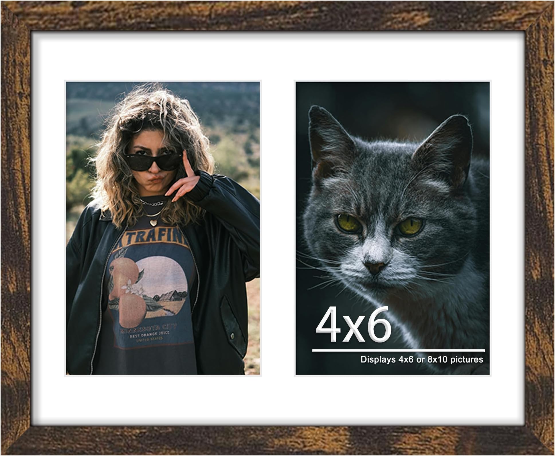 8x10 Double Picture Frame For Displaying Double 4x6 Picture Frame for Wall Mounting or Tabletop, Brown.