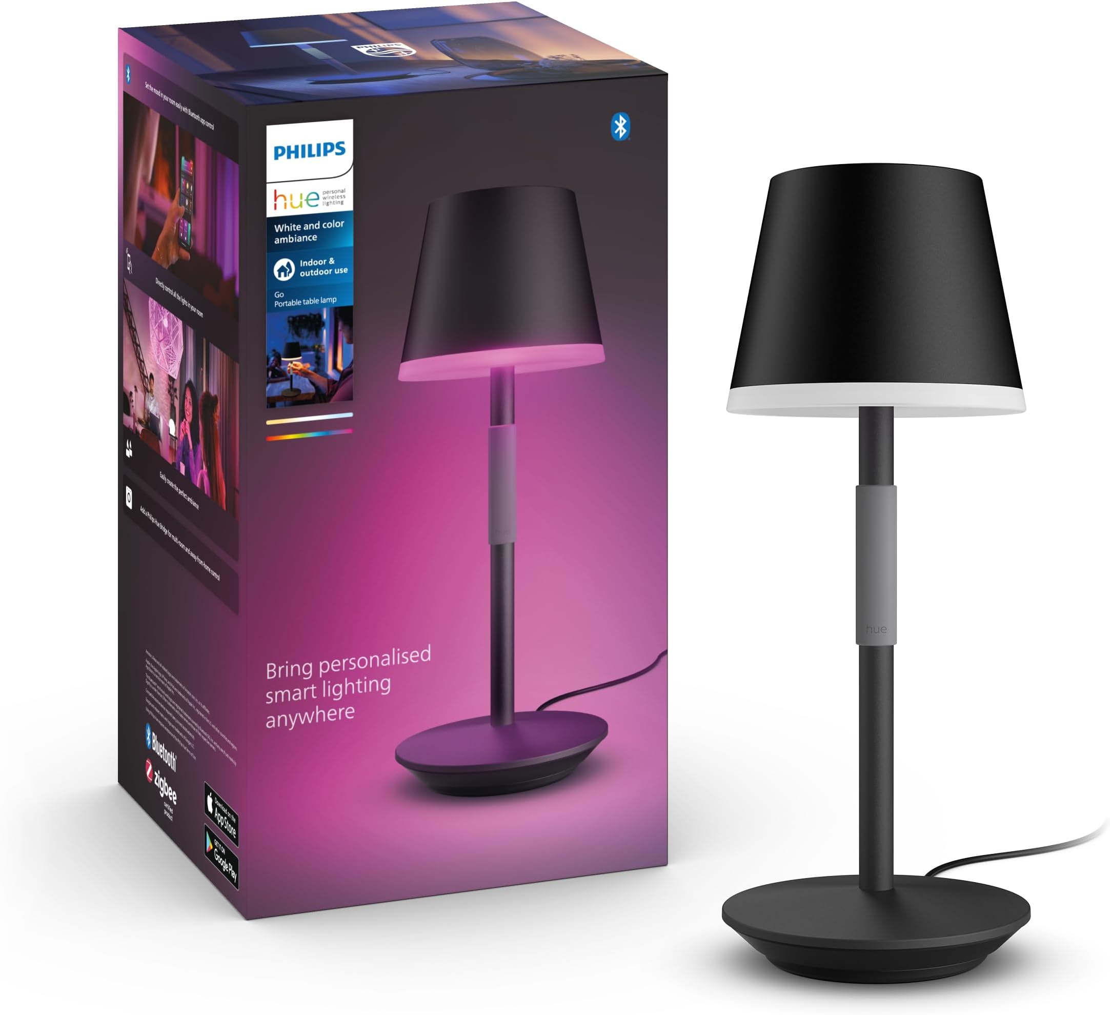 Philips Hue Go Smart Portable Table Lamp [Downlight - Black] Rechargeable Lamp, White & Colour Ambiance LED with Bluetooth, for Home Indoor Living Room, Office, Bedroom Lighting