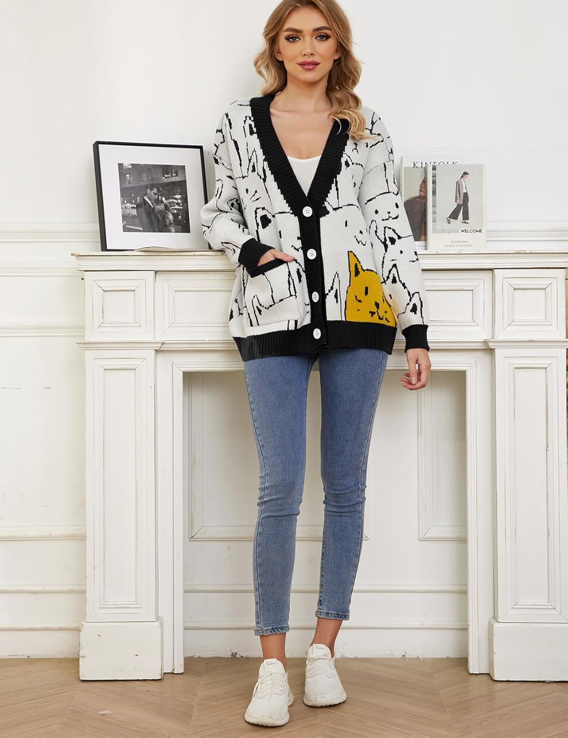 Wyeysyt Cat Sweater for Women Casual Button Down V Neck Cable Knit Cardigan Cute Kawaii Cartoon Cardigan Coat - Image 2