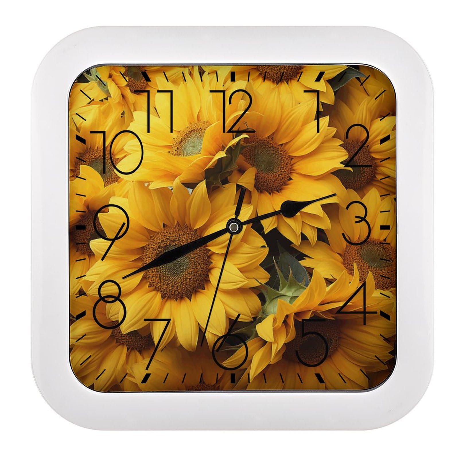 Horloge murale silencieuse carrée de 25,4 cm avec motif de tournesols pour cuisine et bureau