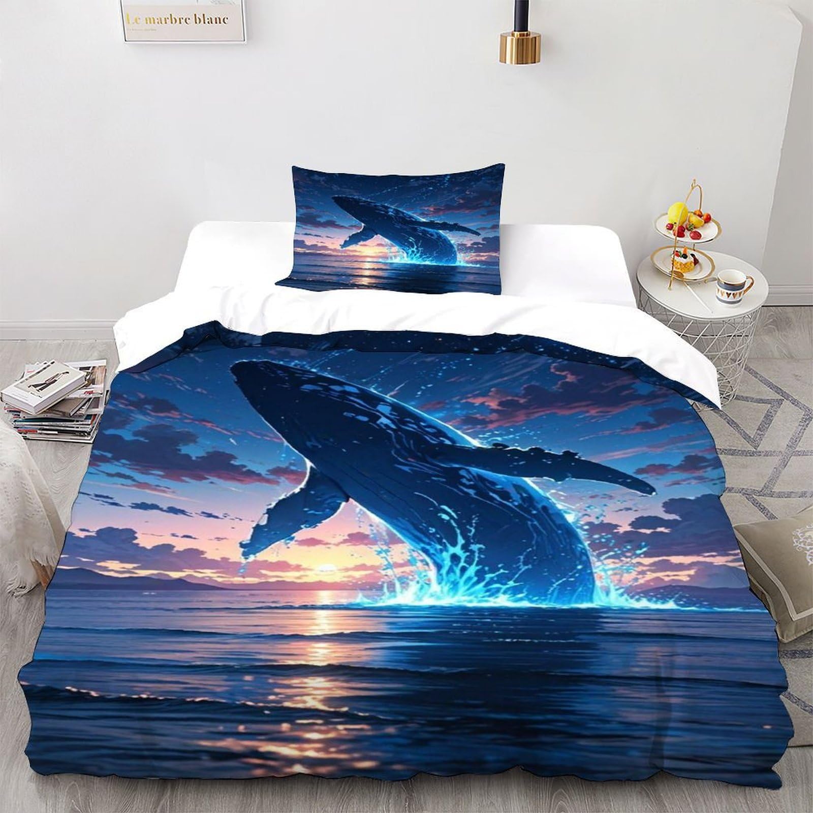Whale Night Sky Bedding Set Theme Bedspread Animal Theme Wildlife Marine Animal Duvet Cover Set Microfiber Comforter Cover Suitable for Family,couple,children Pillowcase Single（135x200cm）