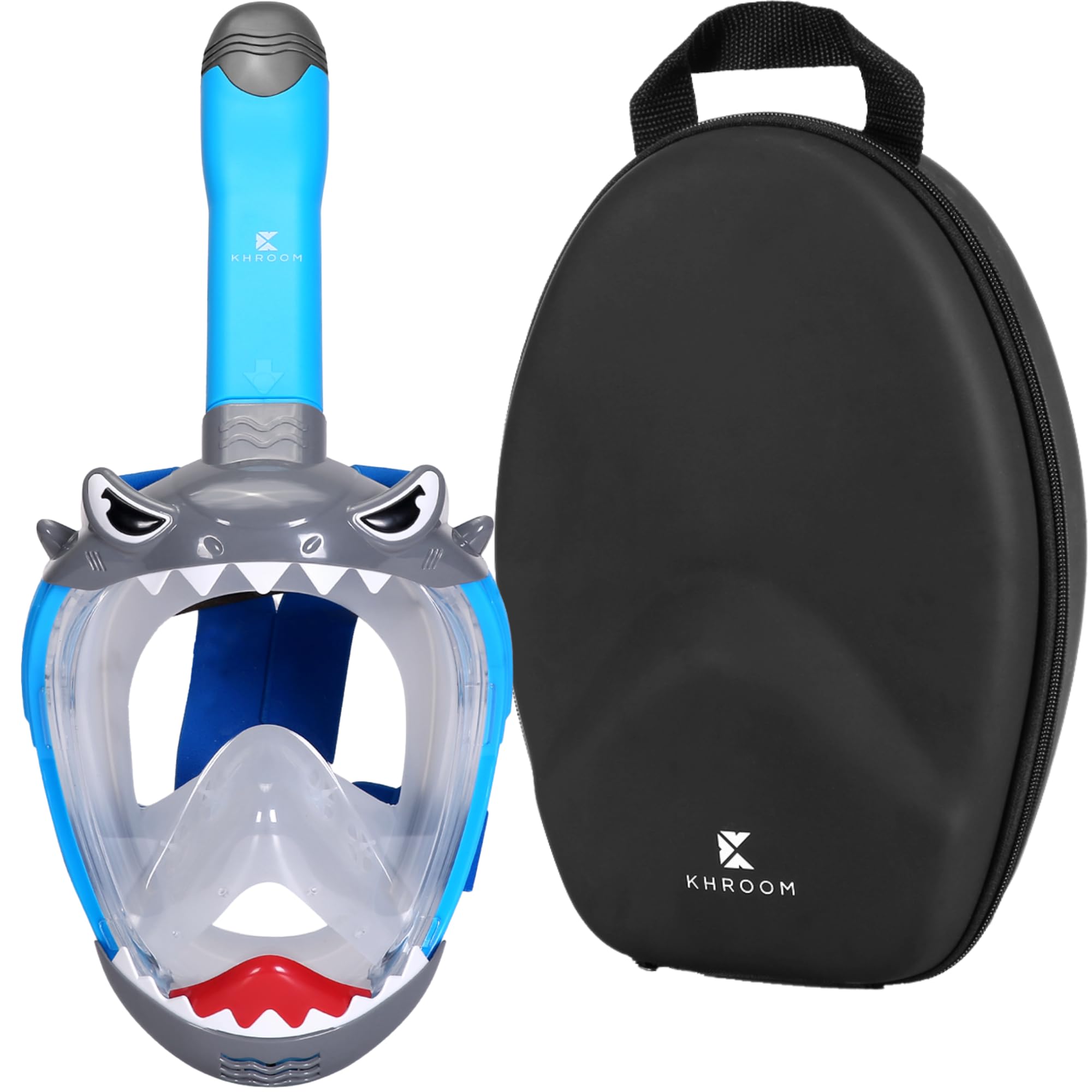 Khroom CO2 bezpieczna maska do snorkelingu dla dzieci w wieku od 3 lat | testowana* przez TÜV Rheinland | maska pełnotwarzowa do snorkelingu - Seaview BC Shark niebieska+miękkie etui