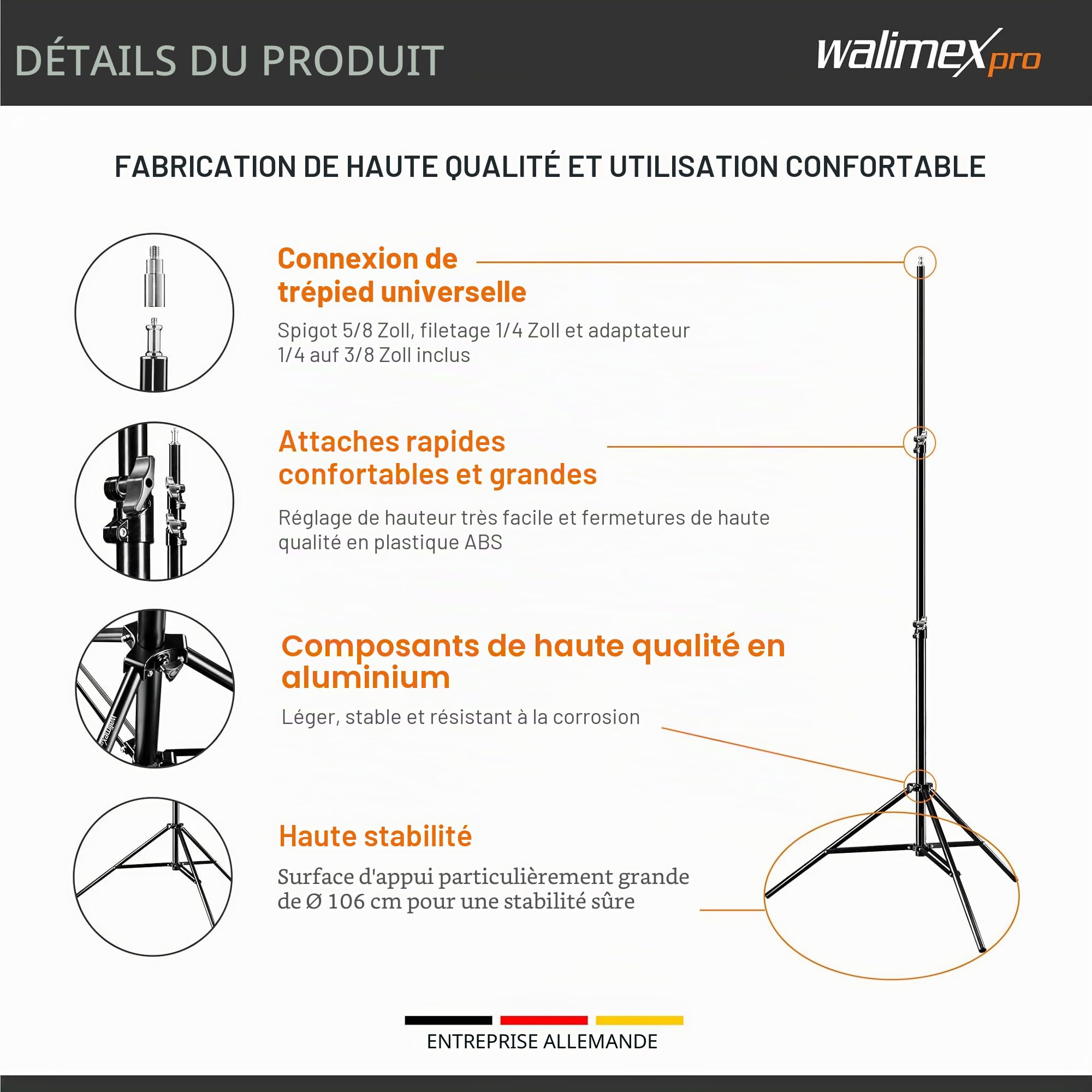 Walimex pro WT-806 Trépied de lampe avec amortissement à ressort I hauteur maximale 256cm I trépied d'éclairage stable chargeable jusqu'à 6kg pour éclairage annulaire, réflecteur