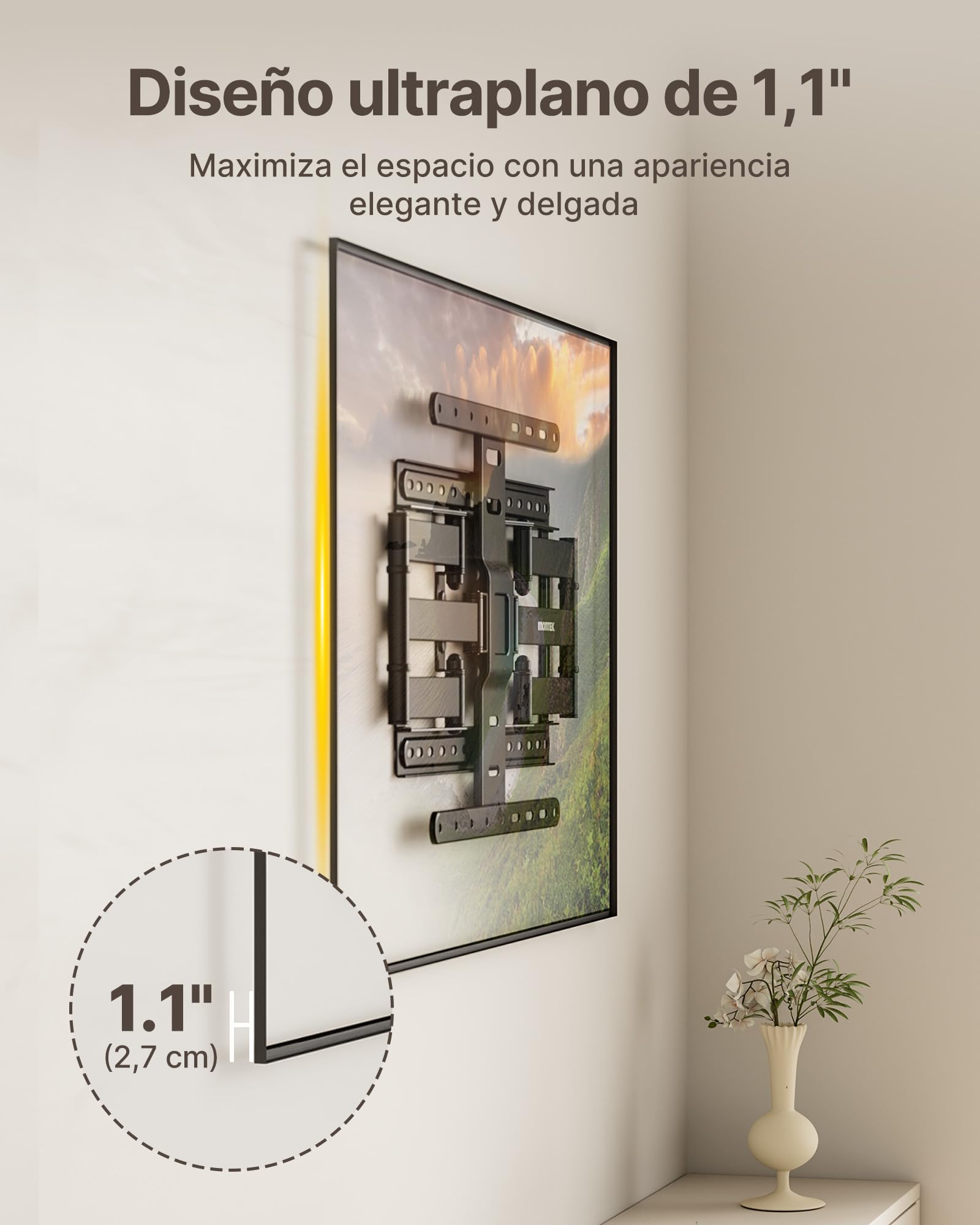 monTEK Slim - Soporte de pared para televisores de 37 a 75 pulgadas (hasta 60 kg, máx. VESA 400 x 400) | Soporte de TV de 1,1 pulgadas, orientable, inclinable y extensible, totalmente móvil, 4 posiciones de carga, fácil montaje