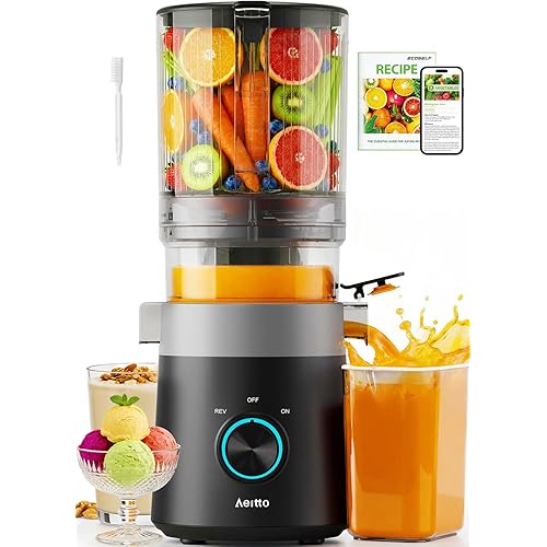 Aeitto Easy to Clean Cold Press Juicer with Filter-Free Design, 3-in-1 Juicer Machines for Juice, Nut Milk & Sorbet, 6.0" Wide Feed Chute for Whole Fruits & Vegetables, Quiet Motor, With Brush