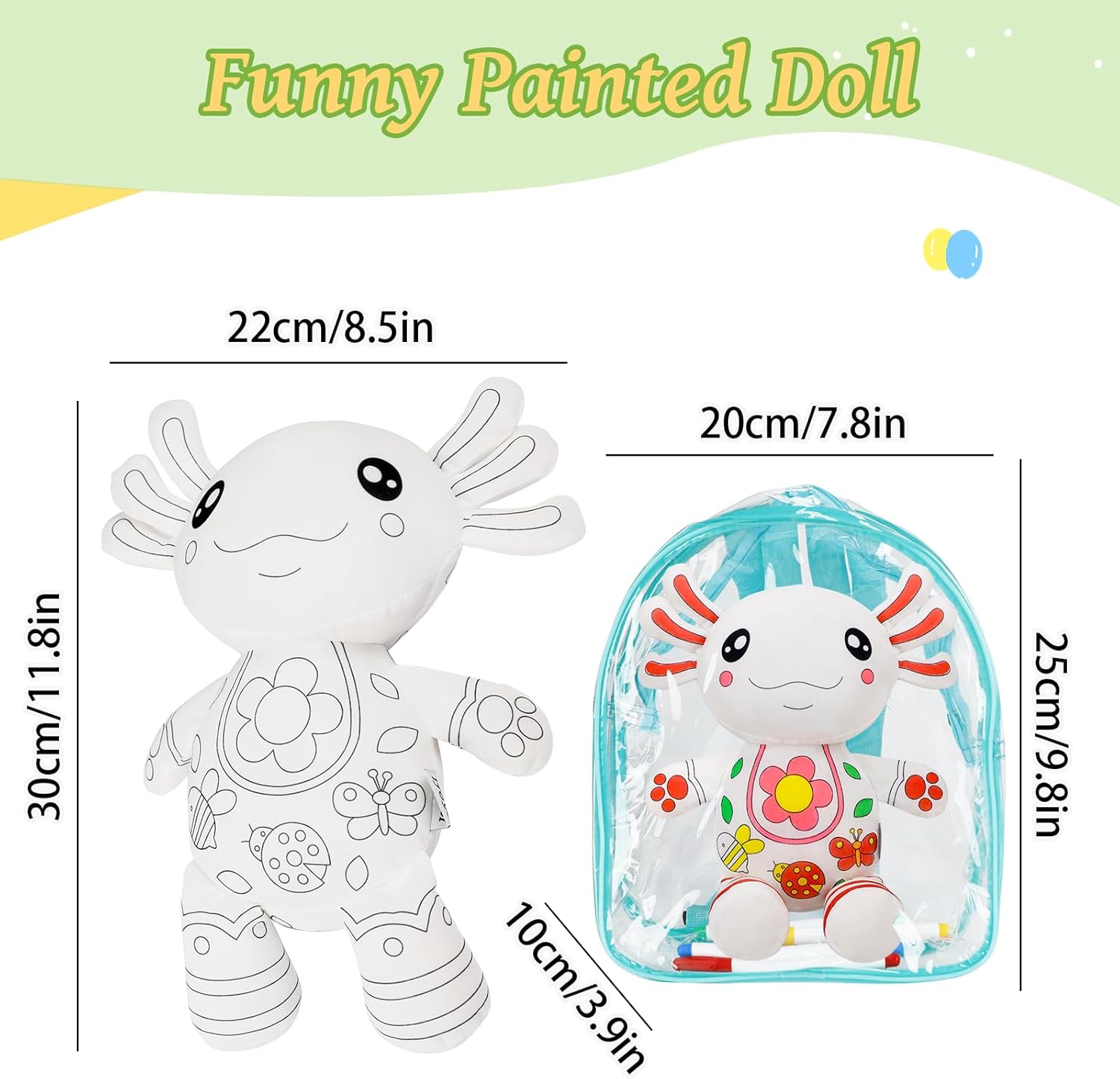 IFOYO Coloring Plush Toy with 5 Washable Markers, Creative Axolotl Airbrush Plush, Cute Stuffed Animal Doll for Ages 4-6, Surprise Kids Toy for Nursery Decor, Travel, Playtime, Birthday Gift