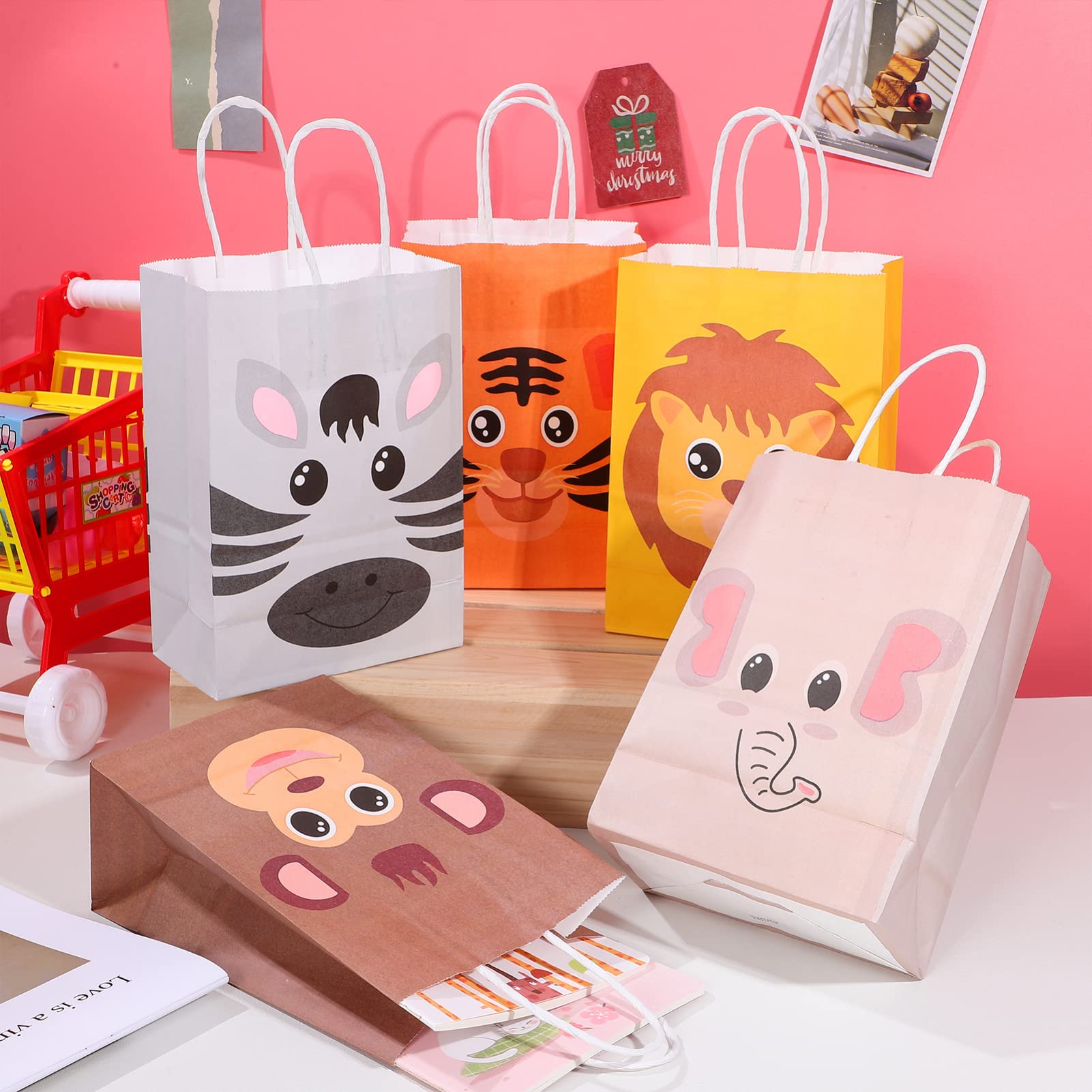 Operitacx 24 Sacchetti Regalo in Carta Kraft Manici, Decorazione Animali per Feste di Compleanno Bambini, Formato Medio 21x15x8cm, Shower e Ringraziamenti