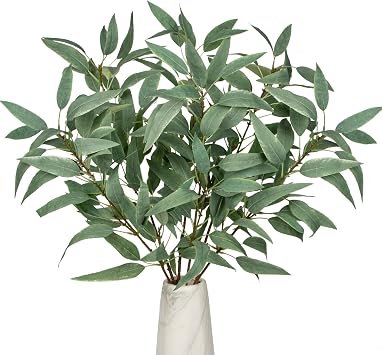 Faux Eucalyptus Stems - 34 Long Fake Salix Leaves 6 Pcs Artificial Greenery Stems for DIY Bouquet Arrangements, Centerpieces, Shower Decorations