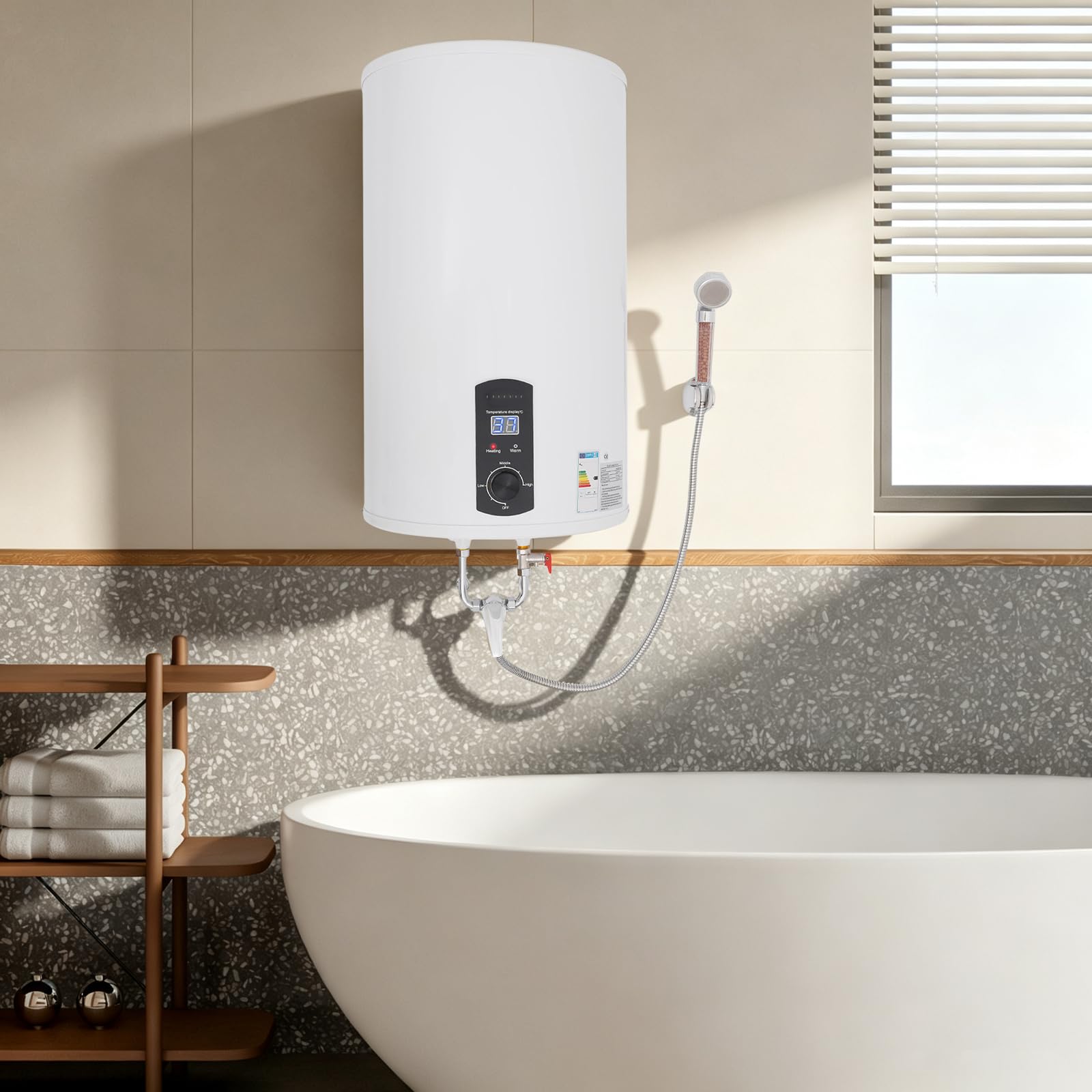 Scaldabagno elettronico con protezione contro le perdite, scaldabagno da 70 l, con scelta della temperatura, 2000 W, 220 V, scaldabagno elettrico con doccia e rubinetto, 41 x 75 cm, bianco