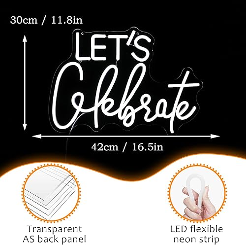 Miniatura 4 de Let's Celebrate - Letrero de neón blanco regulable, luz de neón con texto en inglés "Let's Celebre", para decoración de pared, alimentado por