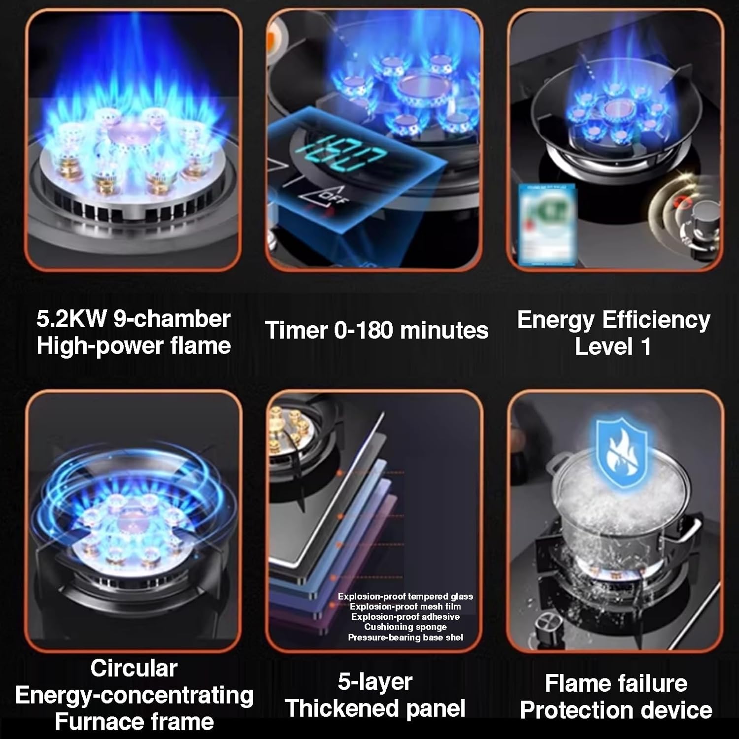 Single Burner Gas Stove,5.2kW 11-Cavity High-Heat Wok,Household LPG/Natural,with 180-Min Timer and Flame Protection(LPG)