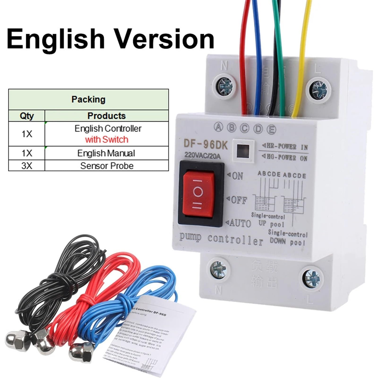 DF-96ED automatyczny regulator poziomu wody, przełącznik 20A 220 V, zbiornik na wodę, czujnik wykrywania poziomu cieczy, regulator pompy wodnej, przewody 2 m, 1 sztuka (DF-96DK z końcówkami)
