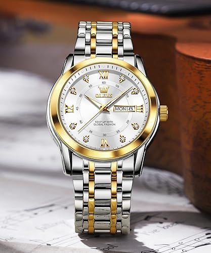 Miniatura 5 de OLEVS Reloj de diamantes para hombre, de lujo, vestido de negocios, reloj de pulsera de cuarzo de acero inoxidable, impermeable, luminoso, fecha de