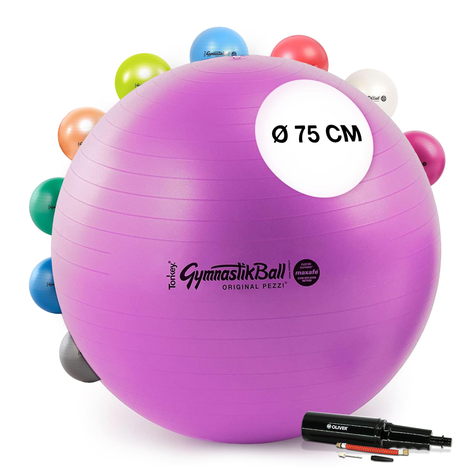Pezzi - Gymnastikball Original Pezziball MAXAFE 75cm Ø mit Oliver Rapid Pumpe – Sitzball für Therapie, Sport & Büro - Universeller Trainingsball aus Flexton Silpower® belastbar bis 400 kg – Violett