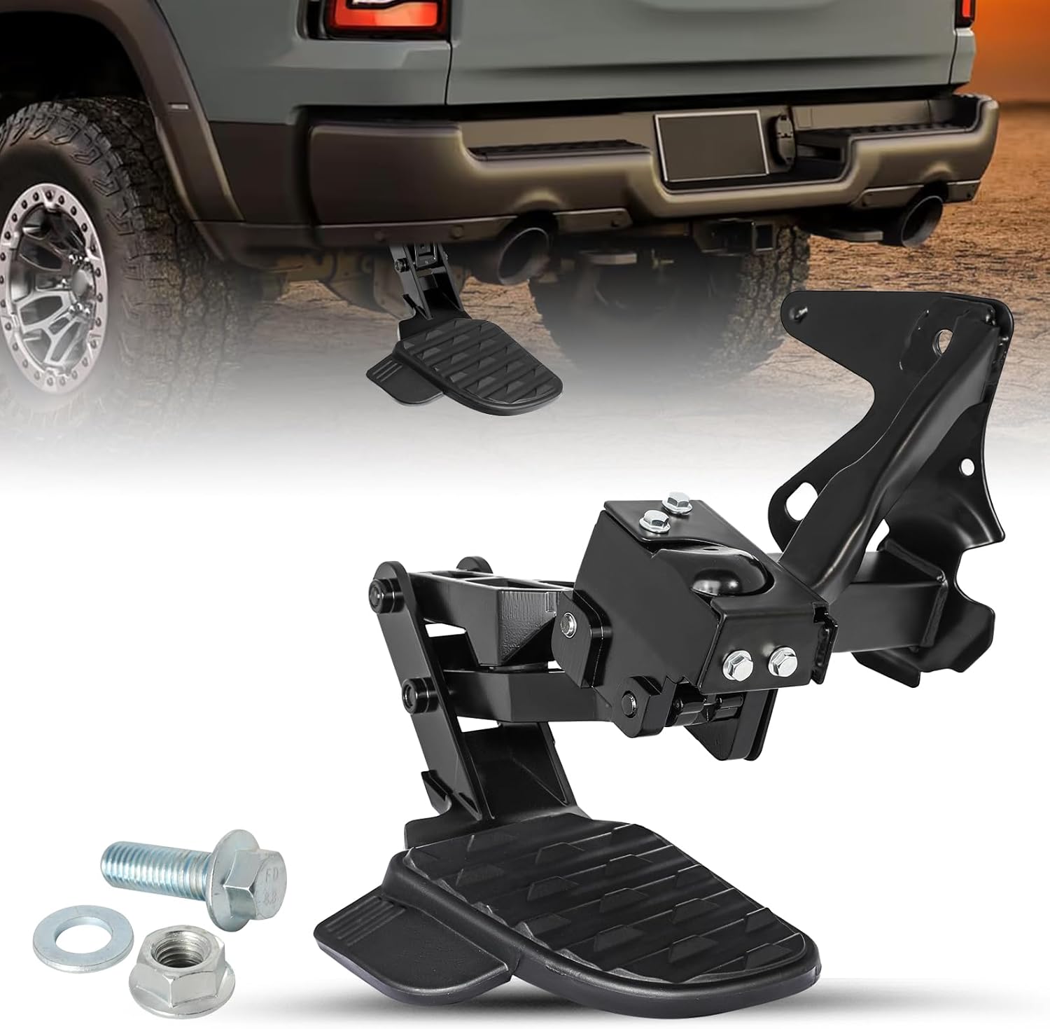 JSBOYAT Rear Bed Step Retractable Bumper Step Compatible with 2019-2024 Dodge Ram 1500 DT New Body Style w/Dual Exhaust, Folding Truck Tailgate Step 82215289AG 82215289AH